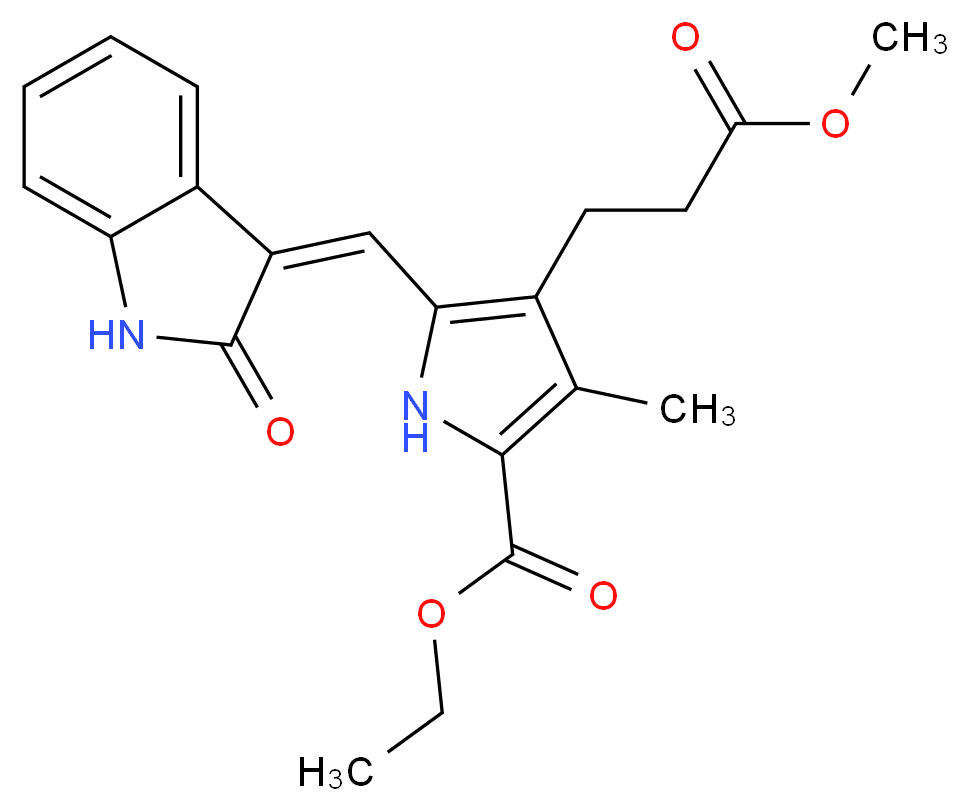 ethyl 4-(3-methoxy-3-oxopropyl)-3-methyl-5-{[(3Z)-2-oxo-2,3-dihydro-1H-indol-3-ylidene]methyl}-1H-pyrrole-2-carboxylate_分子结构_CAS_258831-76-4