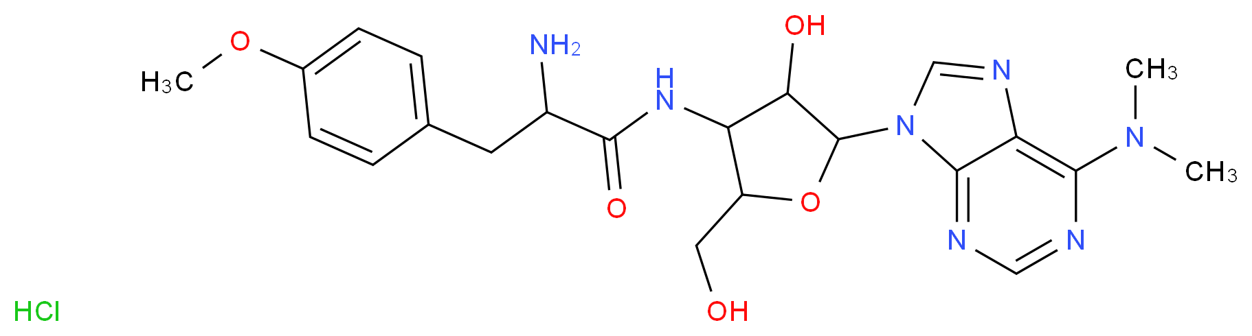 2-amino-N-{5-[6-(dimethylamino)-9H-purin-9-yl]-4-hydroxy-2-(hydroxymethyl)oxolan-3-yl}-3-(4-methoxyphenyl)propanamide hydrochloride_分子结构_CAS_58-58-2