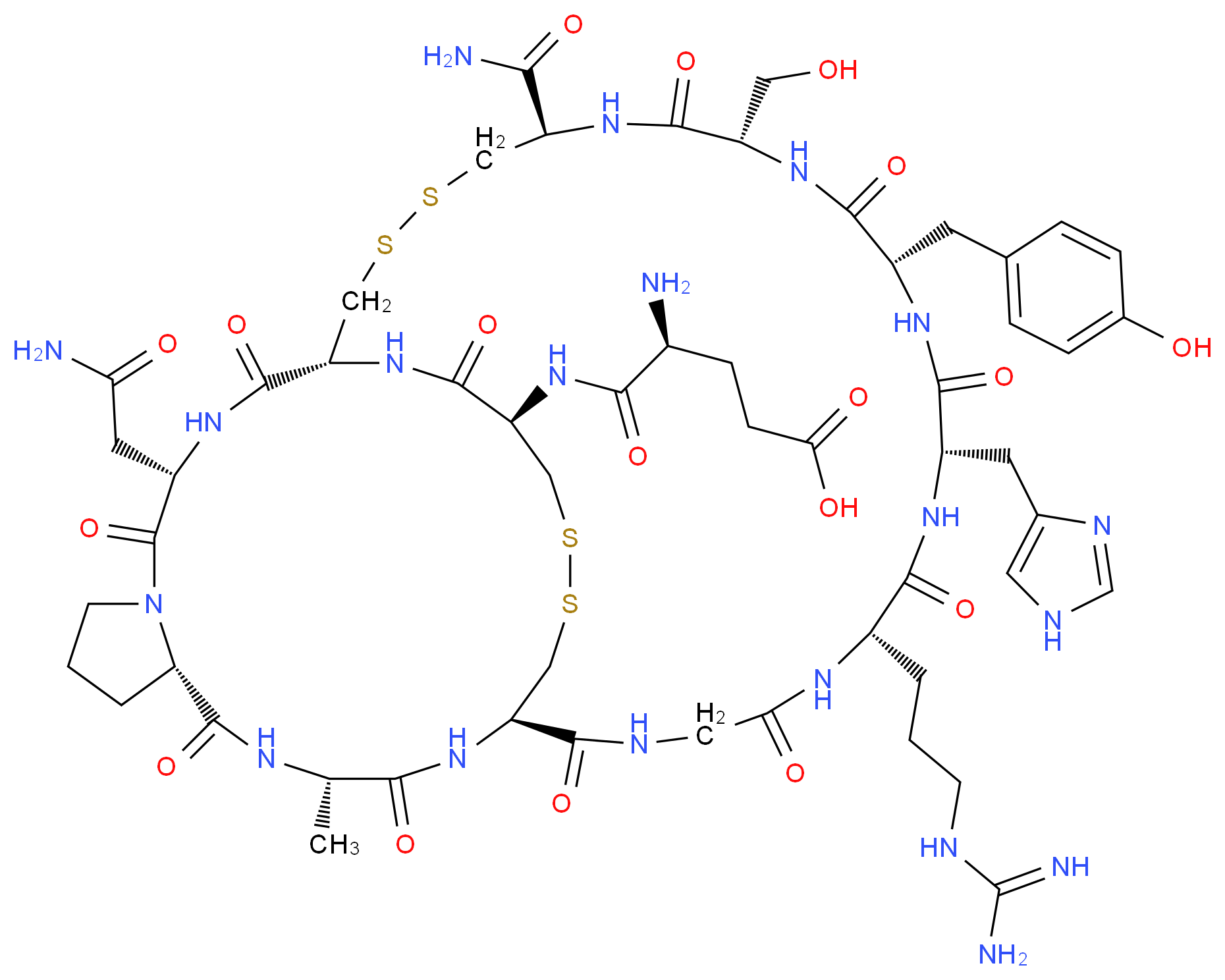 (4S)-4-amino-4-{[(1R,7S,10S,13S,16S,19R,24R,27S,33S,36S,43R)-7-(3-carbamimidamidopropyl)-19-carbamoyl-27-(carbamoylmethyl)-16-(hydroxymethyl)-13-[(4-hydroxyphenyl)methyl]-10-(1H-imidazol-4-ylmethyl)-36-methyl-2,5,8,11,14,17,25,28,34,37,44-undecaoxo-21,22,40,41-tetrathia-3,6,9,12,15,18,26,29,35,38,45-undecaazatricyclo[22.14.7.0<sup>2</sup><sup>9</sup>,<sup>3</sup><sup>3</sup>]pentatetracontan-43-yl]carbamoyl}butanoic acid_分子结构_CAS_76862-65-2