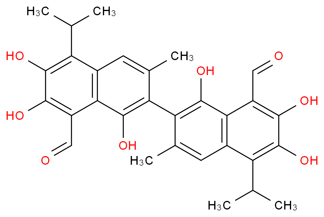 7-[8-formyl-1,6,7-trihydroxy-3-methyl-5-(propan-2-yl)naphthalen-2-yl]-2,3,8-trihydroxy-6-methyl-4-(propan-2-yl)naphthalene-1-carbaldehyde_分子结构_CAS_303-45-7