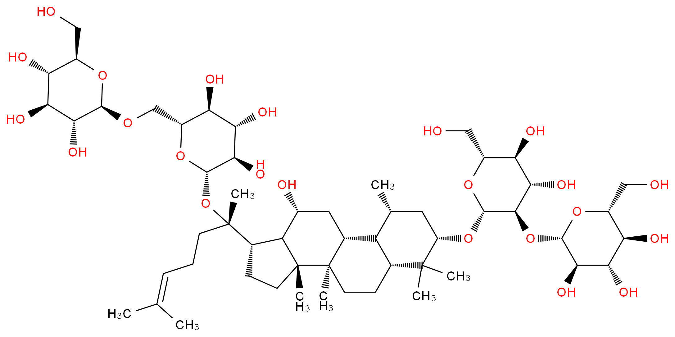 (2S,3R,4S,5S,6R)-2-{[(2S)-2-[(1R,3R,5S,7R,10R,11R,14S,15R,16R)-5-{[(2R,3R,4S,5S,6R)-4,5-dihydroxy-6-(hydroxymethyl)-3-{[(2S,3R,4S,5S,6R)-3,4,5-trihydroxy-6-(hydroxymethyl)oxan-2-yl]oxy}oxan-2-yl]oxy}-16-hydroxy-3,6,6,10,11-pentamethyltetracyclo[8.7.0.0^{2,7}.0^{11,15}]heptadecan-14-yl]-6-methylhept-5-en-2-yl]oxy}-6-({[(2R,3R,4S,5S,6R)-3,4,5-trihydroxy-6-(hydroxymethyl)oxan-2-yl]oxy}methyl)oxane-3,4,5-triol_分子结构_CAS_41753-43-9