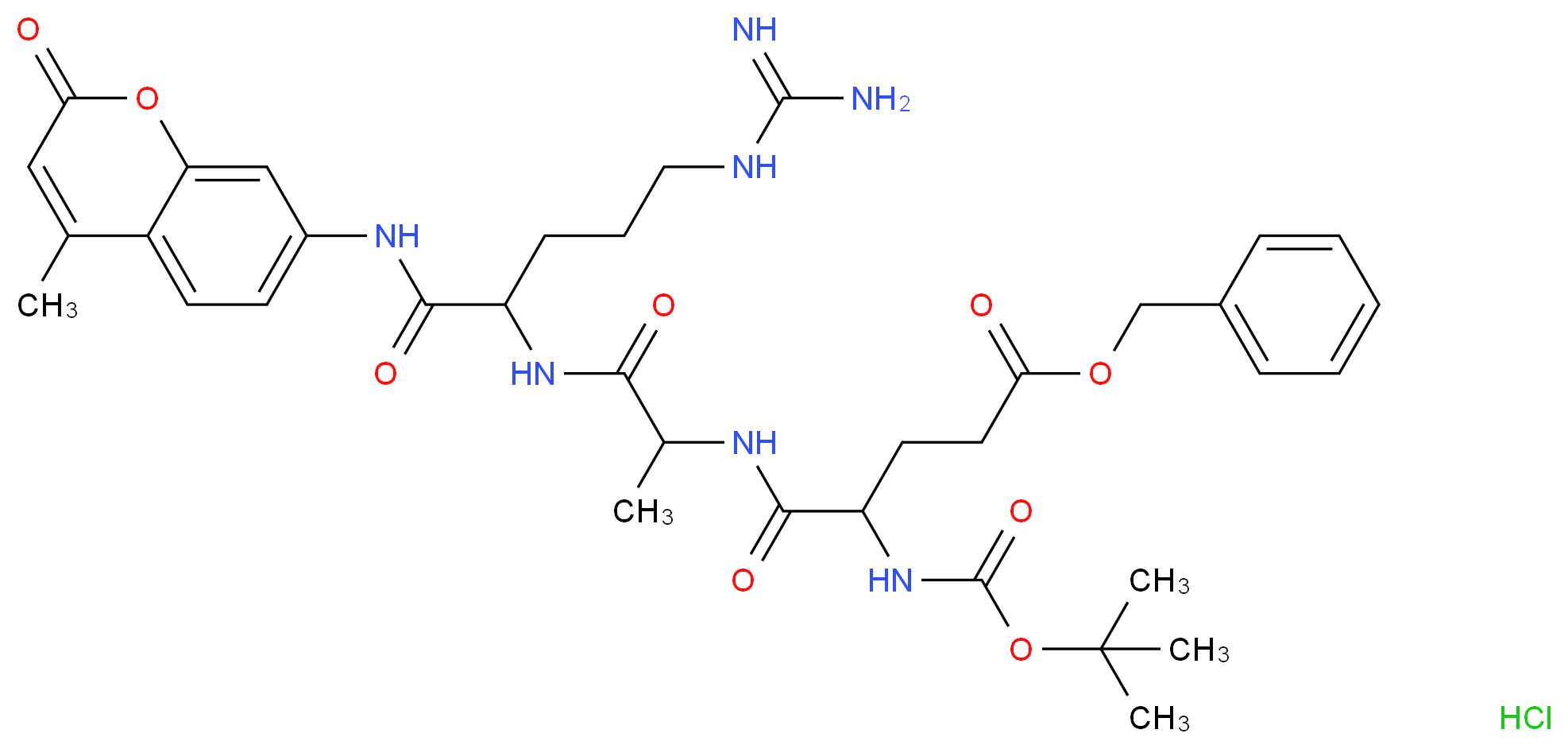 benzyl 4-{[(tert-butoxy)carbonyl]amino}-4-{[1-({4-carbamimidamido-1-[(4-methyl-2-oxo-2H-chromen-7-yl)carbamoyl]butyl}carbamoyl)ethyl]carbamoyl}butanoate hydrochloride_分子结构_CAS_133448-25-6