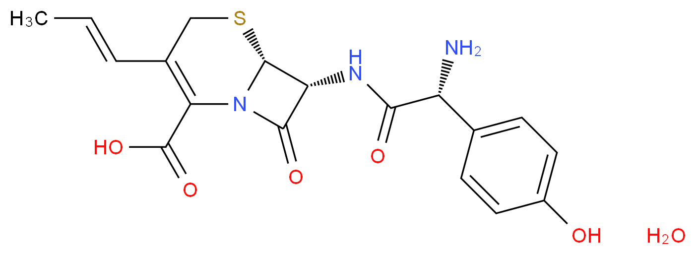 (6R,7R)-7-[(2R)-2-amino-2-(4-hydroxyphenyl)acetamido]-8-oxo-3-[(1E)-prop-1-en-1-yl]-5-thia-1-azabicyclo[4.2.0]oct-2-ene-2-carboxylic acid hydrate_分子结构_CAS_121123-17-9