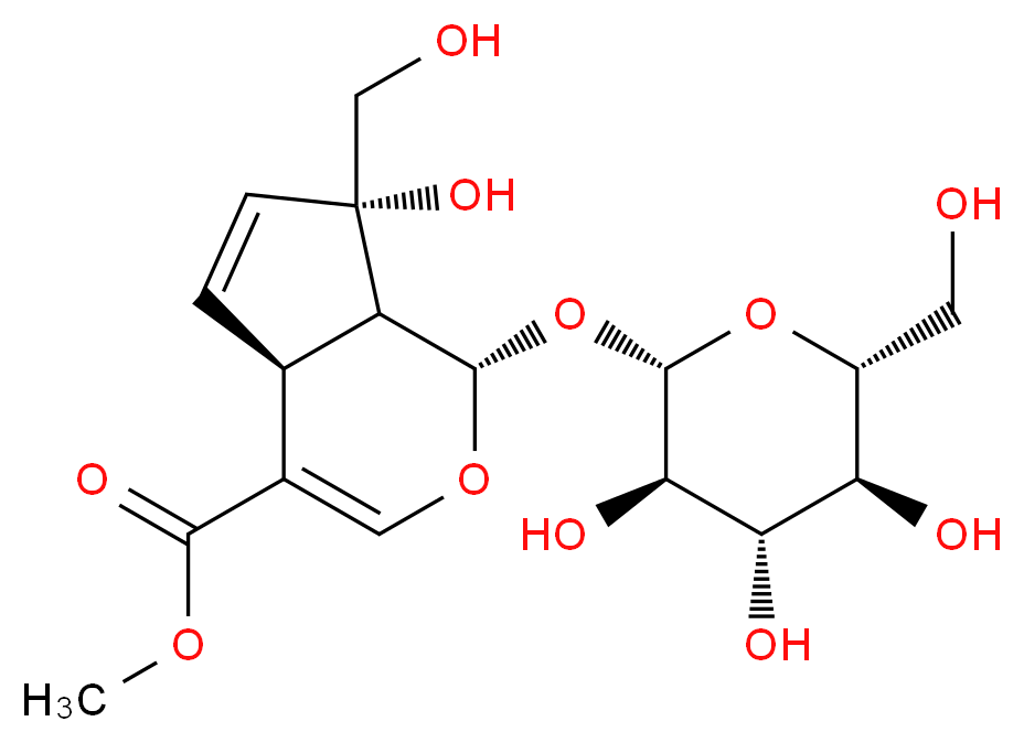 methyl (1S,4aS,7S,7aS)-7-hydroxy-7-(hydroxymethyl)-1-{[(2S,3R,4S,5S,6R)-3,4,5-trihydroxy-6-(hydroxymethyl)oxan-2-yl]oxy}-1H,4aH,7H,7aH-cyclopenta[c]pyran-4-carboxylate_分子结构_CAS_24512-62-7