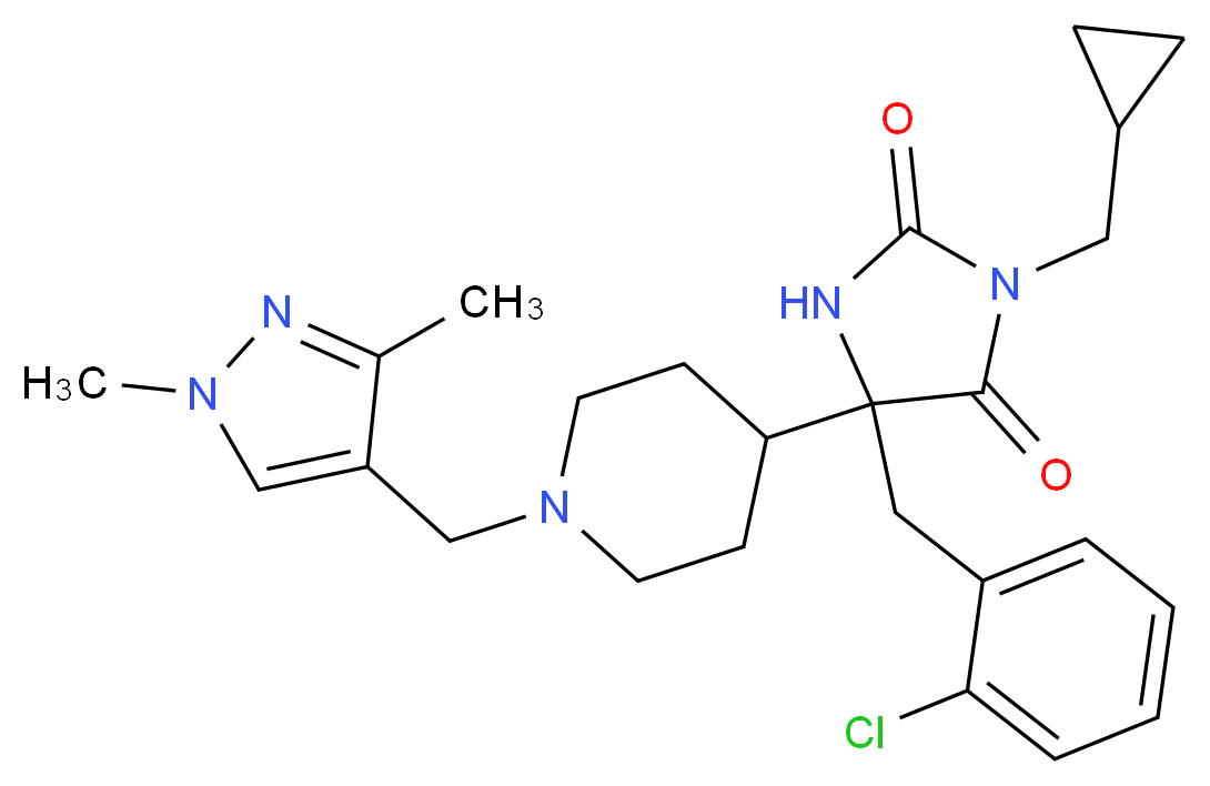 5-(2-chlorobenzyl)-3-(cyclopropylmethyl)-5-{1-[(1,3-dimethyl-1H-pyrazol-4-yl)methyl]-4-piperidinyl}-2,4-imidazolidinedione_分子结构_CAS_)