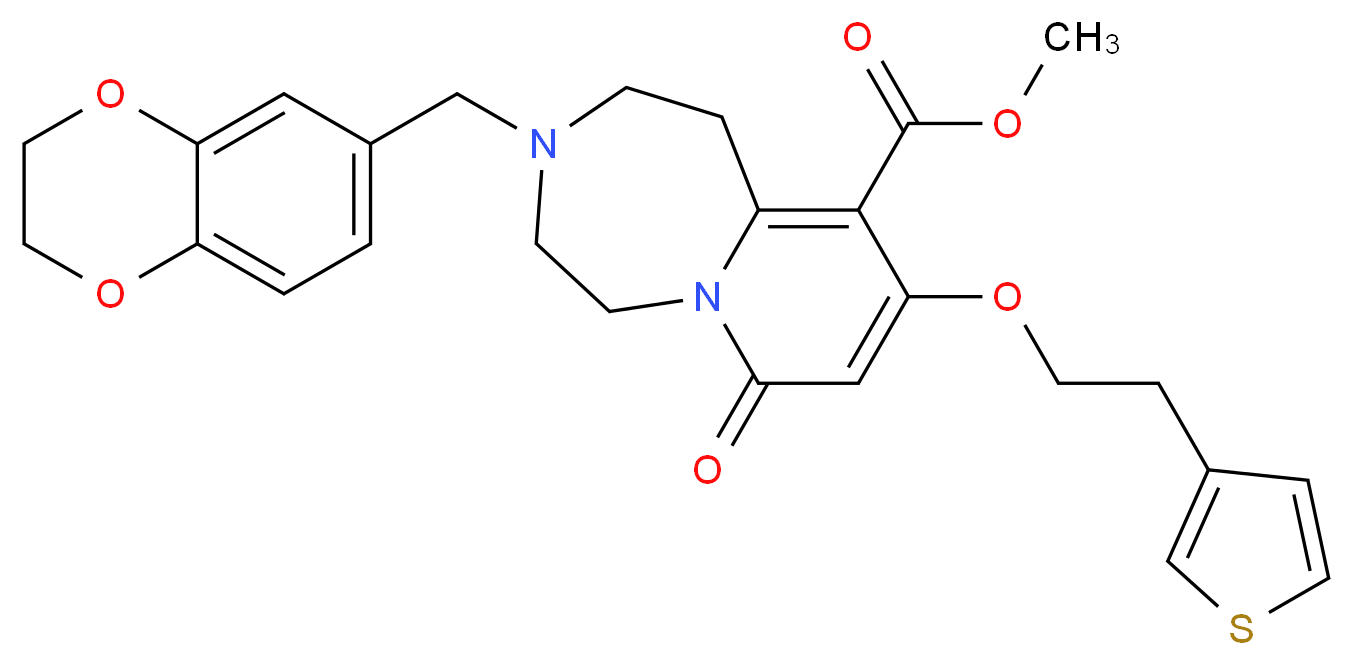 methyl 3-(2,3-dihydro-1,4-benzodioxin-6-ylmethyl)-7-oxo-9-[2-(3-thienyl)ethoxy]-1,2,3,4,5,7-hexahydropyrido[1,2-d][1,4]diazepine-10-carboxylate_分子结构_CAS_)