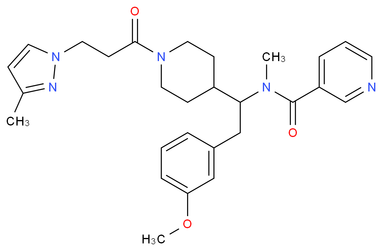 N-(2-(3-methoxyphenyl)-1-{1-[3-(3-methyl-1H-pyrazol-1-yl)propanoyl]-4-piperidinyl}ethyl)-N-methylnicotinamide_分子结构_CAS_)