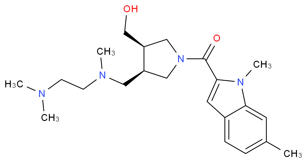 {(3R*,4R*)-4-{[[2-(dimethylamino)ethyl](methyl)amino]methyl}-1-[(1,6-dimethyl-1H-indol-2-yl)carbonyl]pyrrolidin-3-yl}methanol_分子结构_CAS_)