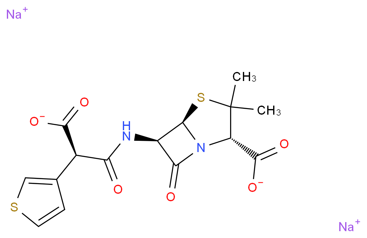 disodium (2S,5R,6R)-6-[(2R)-2-carboxylato-2-(thiophen-3-yl)acetamido]-3,3-dimethyl-7-oxo-4-thia-1-azabicyclo[3.2.0]heptane-2-carboxylate_分子结构_CAS_4697-14-7