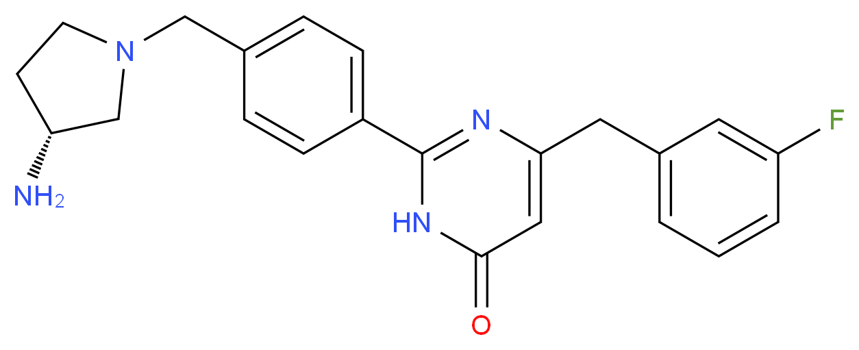 2-(4-{[(3R)-3-aminopyrrolidin-1-yl]methyl}phenyl)-6-(3-fluorobenzyl)pyrimidin-4(3H)-one_分子结构_CAS_)