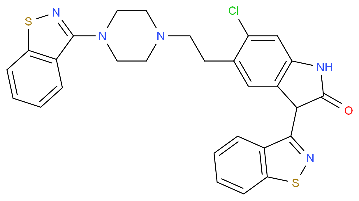 3-(1,2-benzothiazol-3-yl)-5-{2-[4-(1,2-benzothiazol-3-yl)piperazin-1-yl]ethyl}-6-chloro-2,3-dihydro-1H-indol-2-one_分子结构_CAS_1159977-04-4