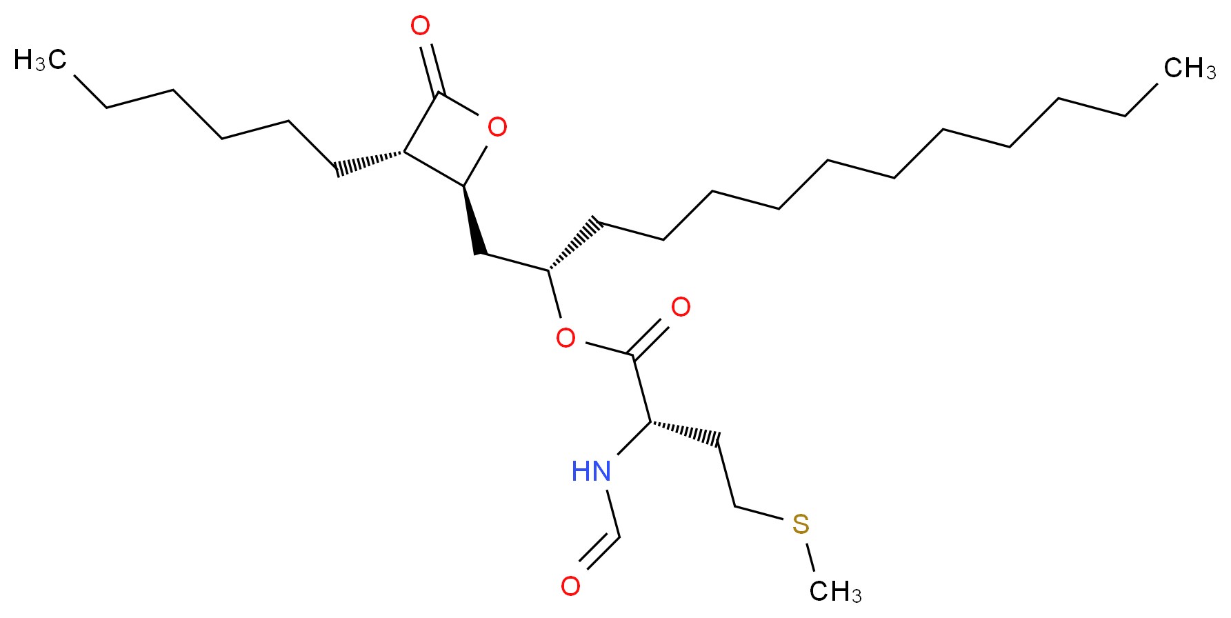 (2S)-1-[(2S,3S)-3-hexyl-4-oxooxetan-2-yl]tridecan-2-yl (2S)-2-formamido-4-(methylsulfanyl)butanoate_分子结构_CAS_1356354-38-5