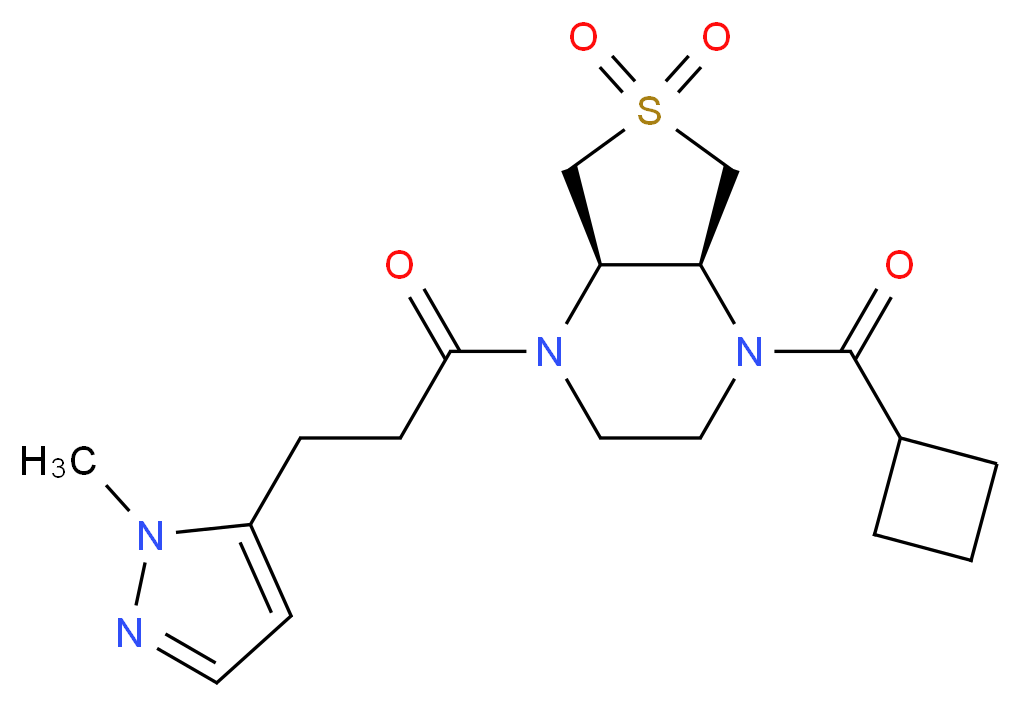 (4aR*,7aS*)-1-(cyclobutylcarbonyl)-4-[3-(1-methyl-1H-pyrazol-5-yl)propanoyl]octahydrothieno[3,4-b]pyrazine 6,6-dioxide_分子结构_CAS_)