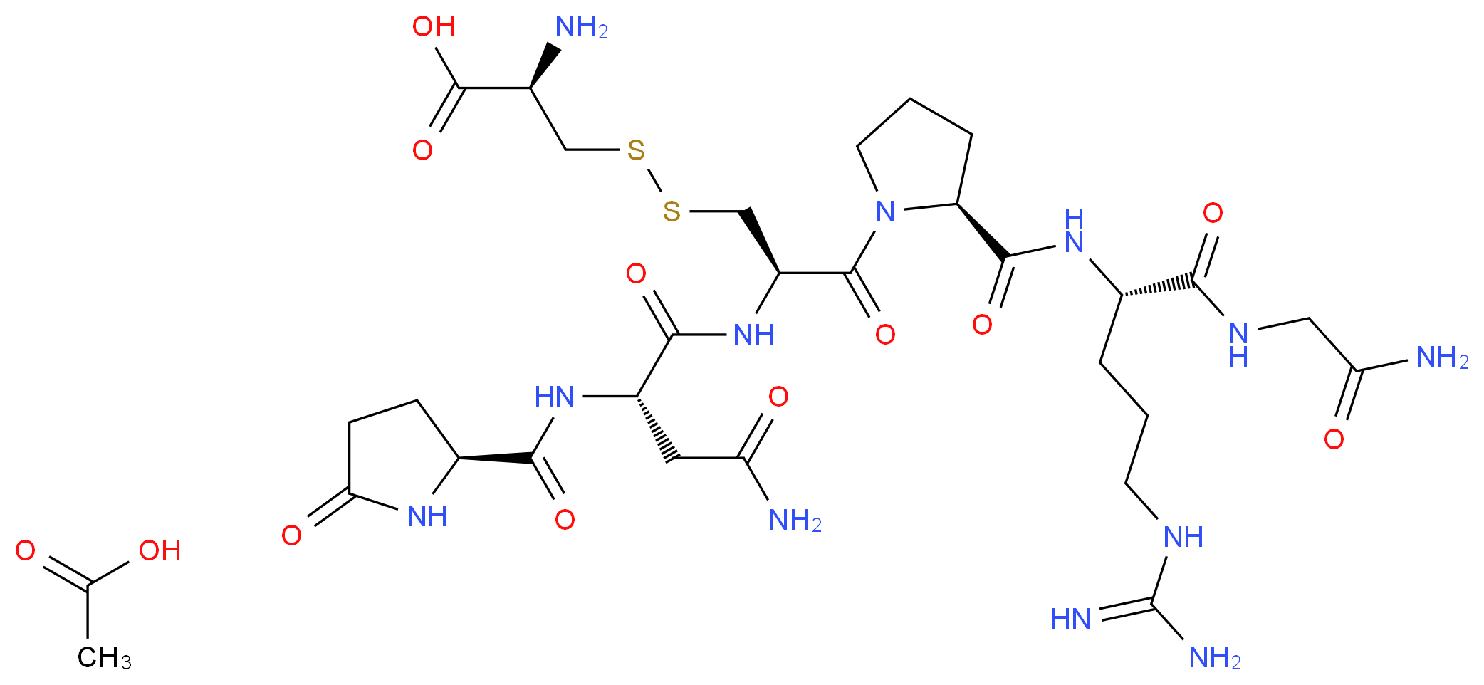 (2R)-2-amino-3-{[(2R)-3-[(2S)-2-{[(1S)-4-carbamimidamido-1-[(carbamoylmethyl)carbamoyl]butyl]carbamoyl}pyrrolidin-1-yl]-2-[(2S)-3-carbamoyl-2-{[(2S)-5-oxopyrrolidin-2-yl]formamido}propanamido]-3-oxopropyl]disulfanyl}propanoic acid; acetic acid_分子结构_CAS_100930-16-3