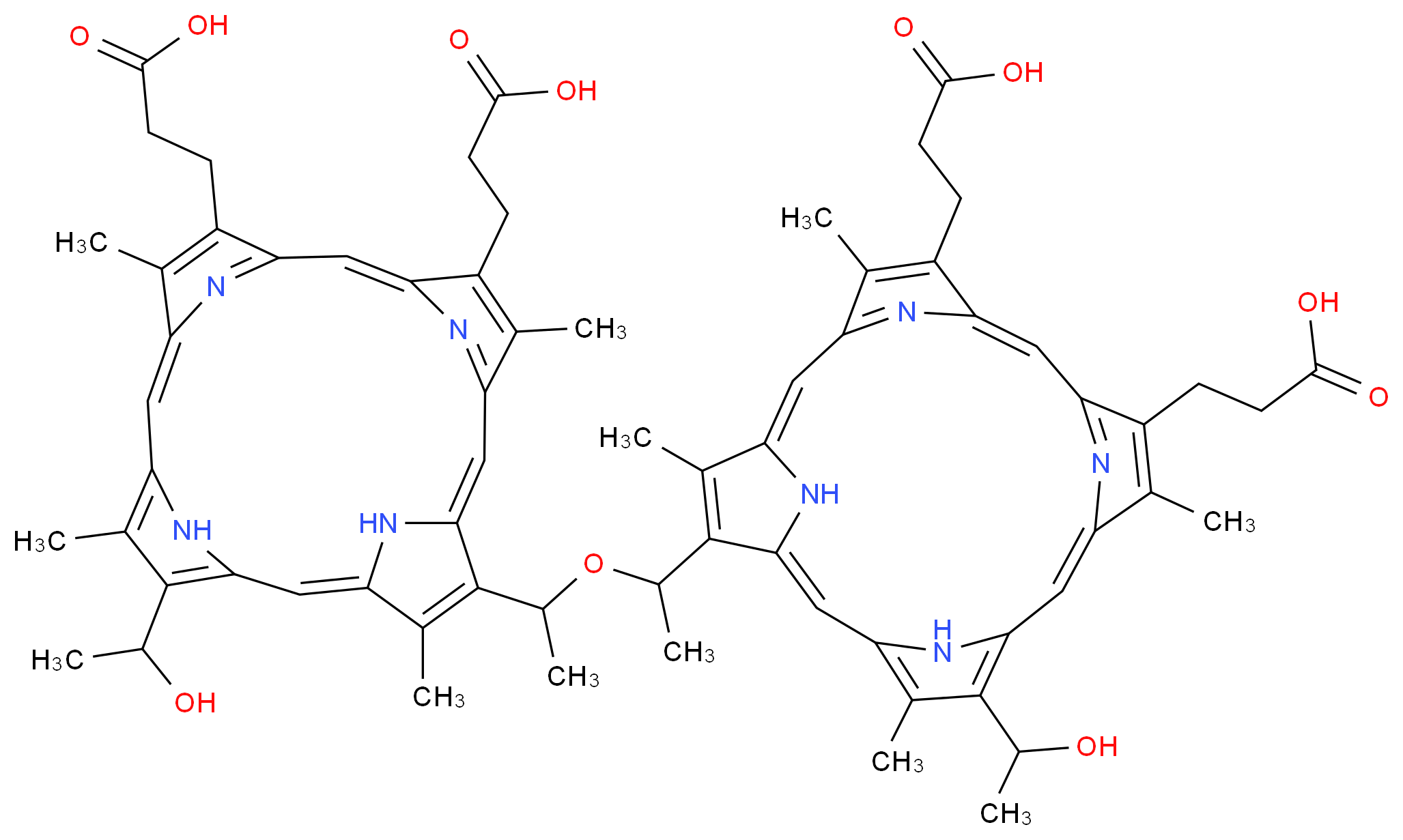 3-[9-(1-{1-[10,14-bis(2-carboxyethyl)-19-(1-hydroxyethyl)-5,9,15,20-tetramethyl-21,22,23,24-tetraazapentacyclo[16.2.1.1^{3,6}.1^{8,11}.1^{13,16}]tetracosa-1(20),2,4,6,8(23),9,11,13(22),14,16,18-undecaen-4-yl]ethoxy}ethyl)-20-(2-carboxyethyl)-14-(1-hydroxyethyl)-5,10,15,19-tetramethyl-21,22,23,24-tetraazapentacyclo[16.2.1.1^{3,6}.1^{8,11}.1^{13,16}]tetracosa-1(21),2,4,6(24),7,9,11,13,15,17,19-undecaen-4-yl]propanoic acid_分子结构_CAS_87806-31-3