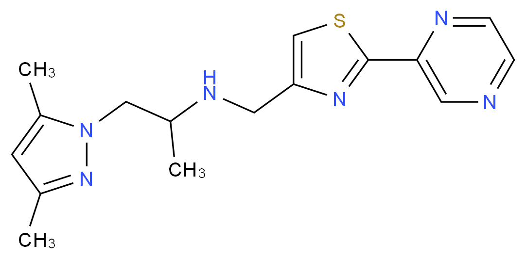1-(3,5-dimethyl-1H-pyrazol-1-yl)-N-[(2-pyrazin-2-yl-1,3-thiazol-4-yl)methyl]propan-2-amine_分子结构_CAS_)