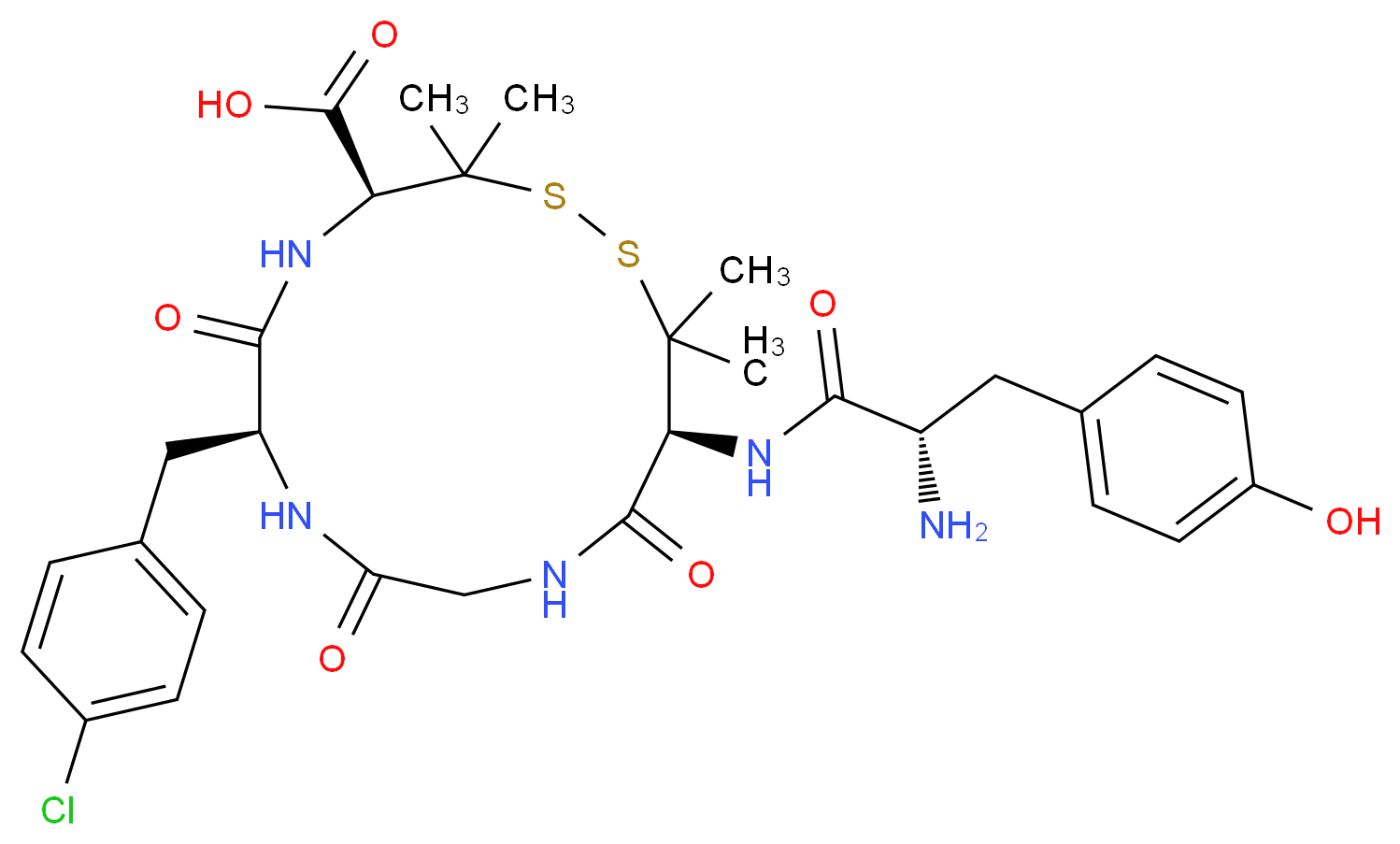 (4S,7S,13S)-13-[(2S)-2-amino-3-(4-hydroxyphenyl)propanamido]-7-[(4-chlorophenyl)methyl]-3,3,14,14-tetramethyl-6,9,12-trioxo-1,2-dithia-5,8,11-triazacyclotetradecane-4-carboxylic acid_分子结构_CAS_122507-47-5