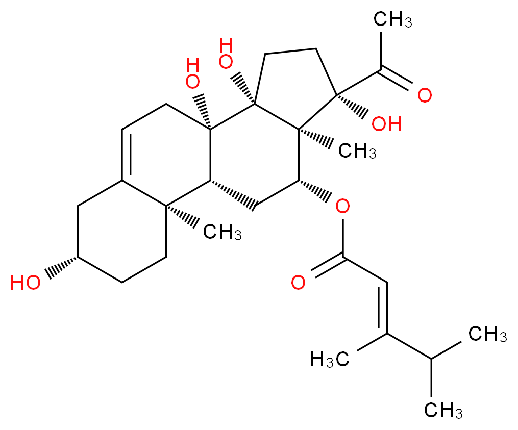 (1R,2R,5S,10S,11R,14S,15S,16R)-14-acetyl-5,10,11,14-tetrahydroxy-2,15-dimethyltetracyclo[8.7.0.0<sup>2</sup>,<sup>7</sup>.0<sup>1</sup><sup>1</sup>,<sup>1</sup><sup>5</sup>]heptadec-7-en-16-yl (2E)-3,4-dimethylpent-2-enoate_分子结构_CAS_38395-02-7