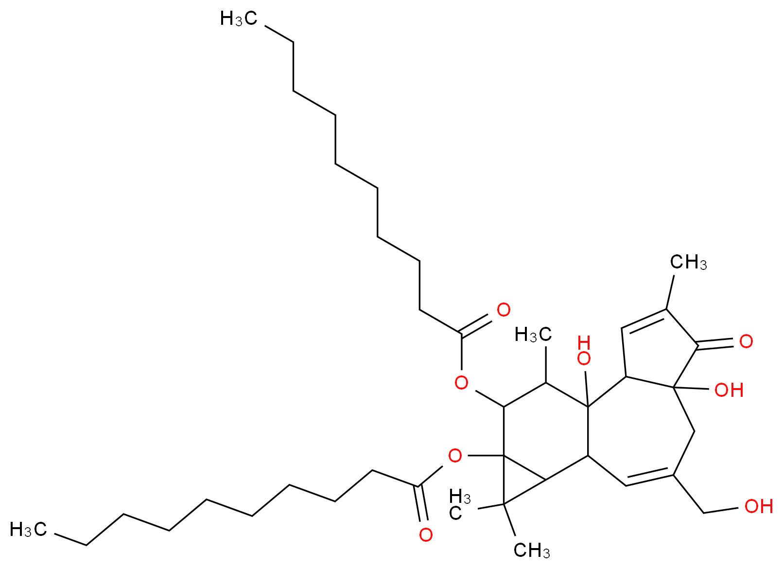 14-(decanoyloxy)-1,6-dihydroxy-8-(hydroxymethyl)-4,12,12,15-tetramethyl-5-oxotetracyclo[8.5.0.0^{2,6}.0^{11,13}]pentadeca-3,8-dien-13-yl decanoate_分子结构_CAS_24928-17-4