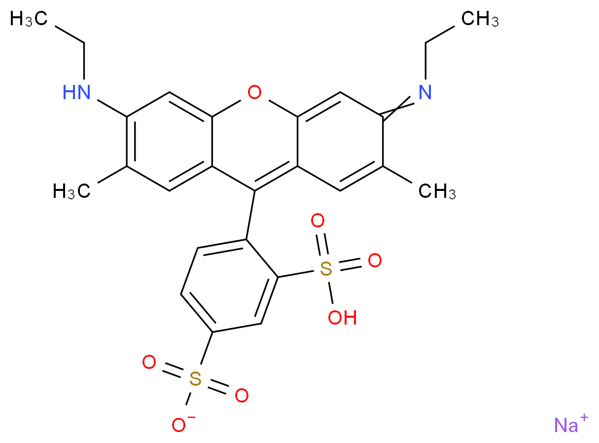 sodium 4-[6-(ethylamino)-3-(ethylimino)-2,7-dimethyl-3H-xanthen-9-yl]-3-sulfobenzene-1-sulfonate_分子结构_CAS_5873-16-5