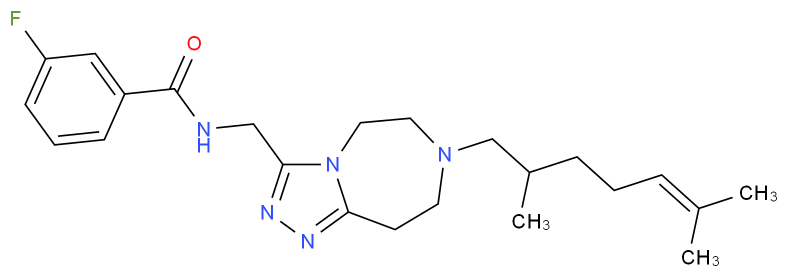 N-{[7-(2,6-dimethyl-5-hepten-1-yl)-6,7,8,9-tetrahydro-5H-[1,2,4]triazolo[4,3-d][1,4]diazepin-3-yl]methyl}-3-fluorobenzamide_分子结构_CAS_)