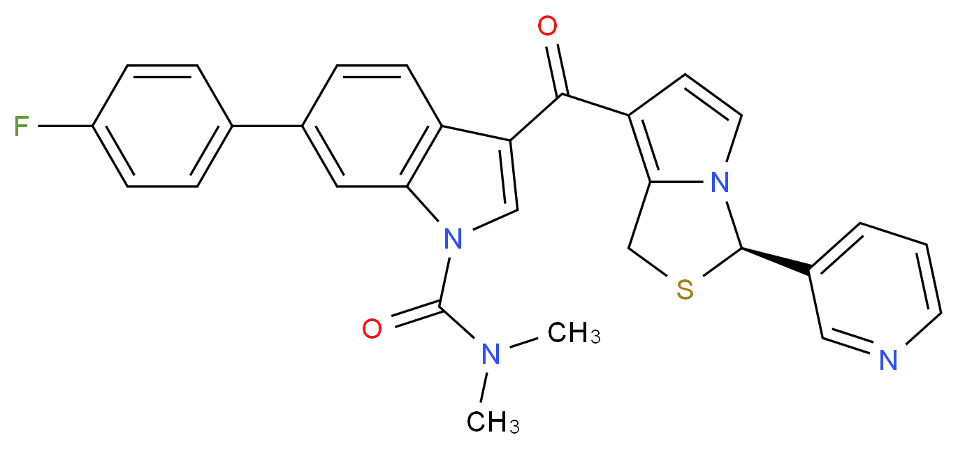 6-(4-fluorophenyl)-N,N-dimethyl-3-[(3R)-3-(pyridin-3-yl)-1H,3H-pyrrolo[1,2-c][1,3]thiazole-7-carbonyl]-1H-indole-1-carboxamide_分子结构_CAS_161395-33-1