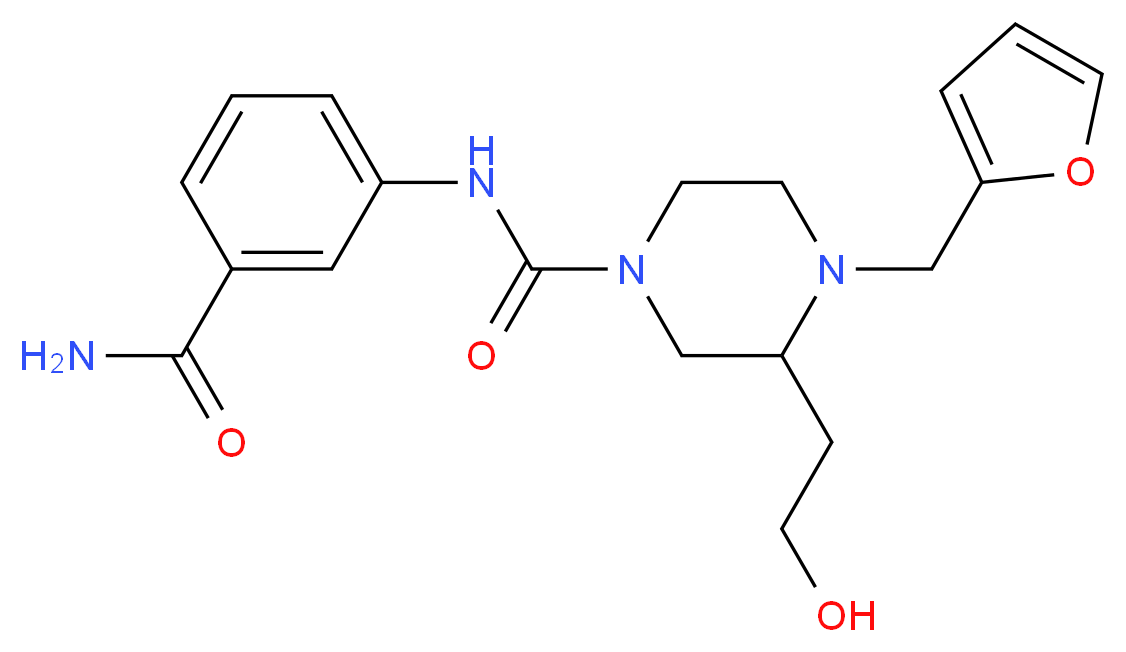 N-[3-(aminocarbonyl)phenyl]-4-(2-furylmethyl)-3-(2-hydroxyethyl)piperazine-1-carboxamide_分子结构_CAS_)