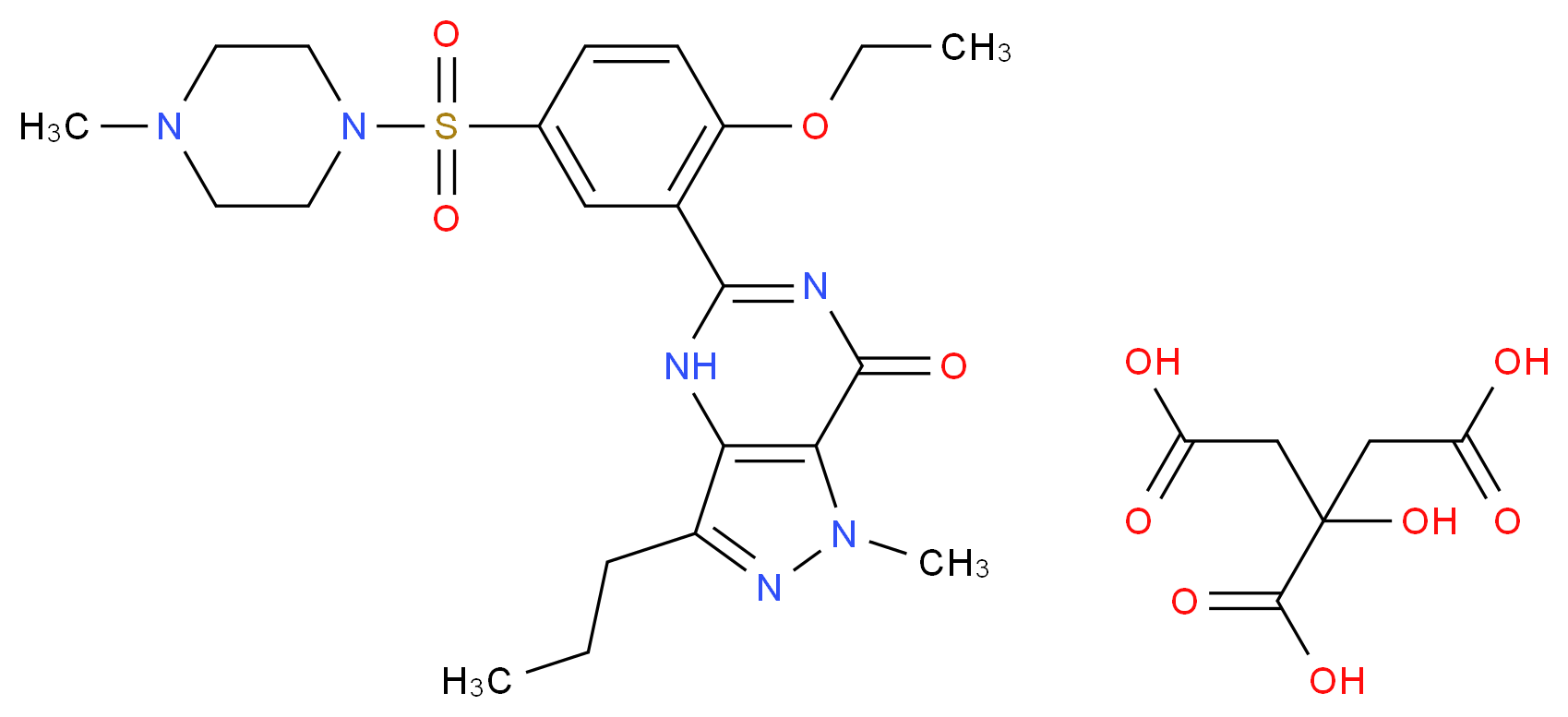 2-hydroxypropane-1,2,3-tricarboxylic acid; 5-{2-ethoxy-5-[(4-methylpiperazin-1-yl)sulfonyl]phenyl}-1-methyl-3-propyl-1H,4H,7H-pyrazolo[4,3-d]pyrimidin-7-one_分子结构_CAS_139755-83-2