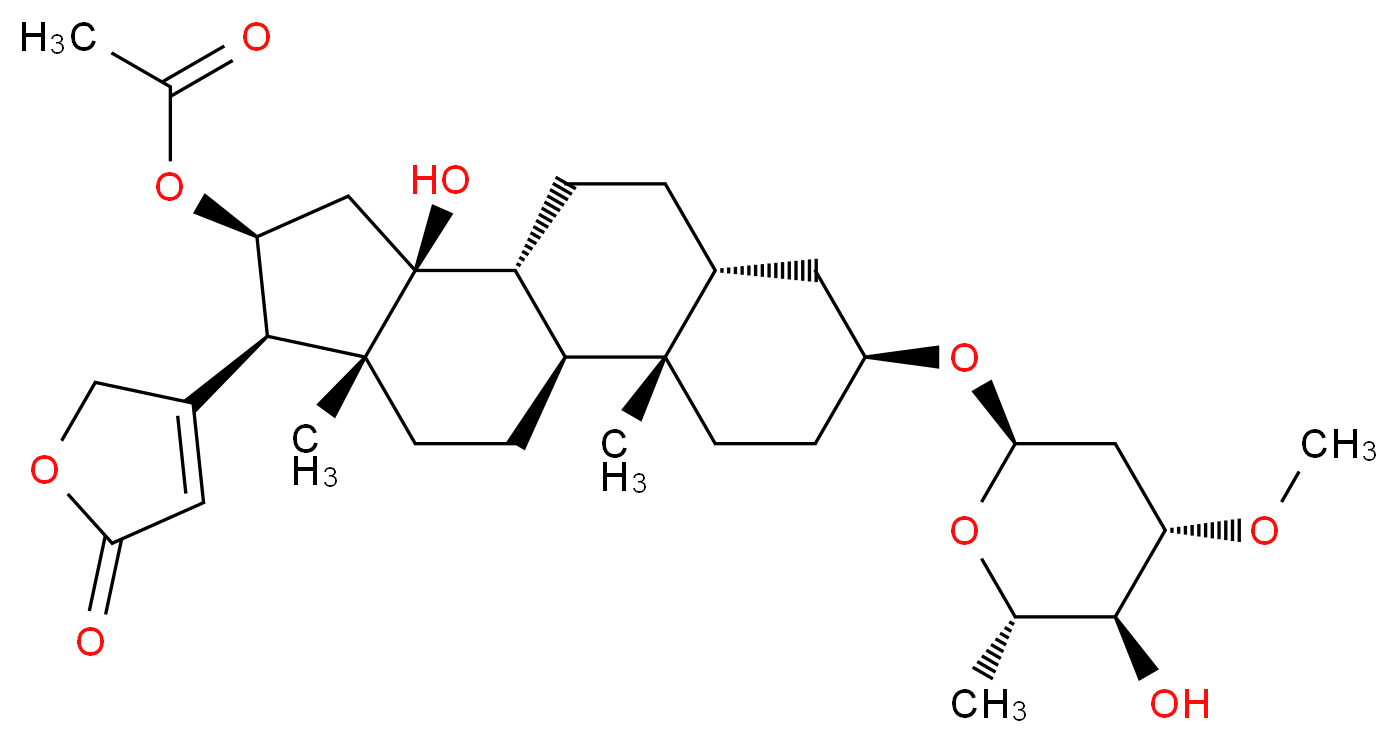 (1S,2S,5S,7R,10R,11S,13S,14R,15R)-11-hydroxy-5-{[(2R,4S,5S,6S)-5-hydroxy-4-methoxy-6-methyloxan-2-yl]oxy}-2,15-dimethyl-14-(5-oxo-2,5-dihydrofuran-3-yl)tetracyclo[8.7.0.0<sup>2</sup>,<sup>7</sup>.0<sup>1</sup><sup>1</sup>,<sup>1</sup><sup>5</sup>]heptadecan-13-yl acetate_分子结构_CAS_465-16-7