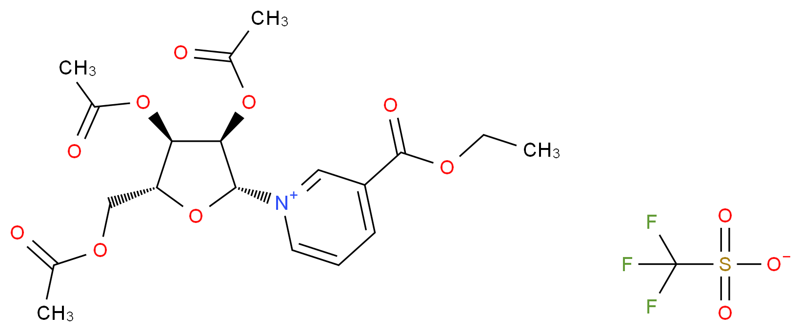 1-[(2R,3R,4R,5R)-3,4-bis(acetyloxy)-5-[(acetyloxy)methyl]oxolan-2-yl]-3-(ethoxycarbonyl)-1λ<sup>5</sup>-pyridin-1-ylium trifluoromethanesulfonate_分子结构_CAS_936945-09-4