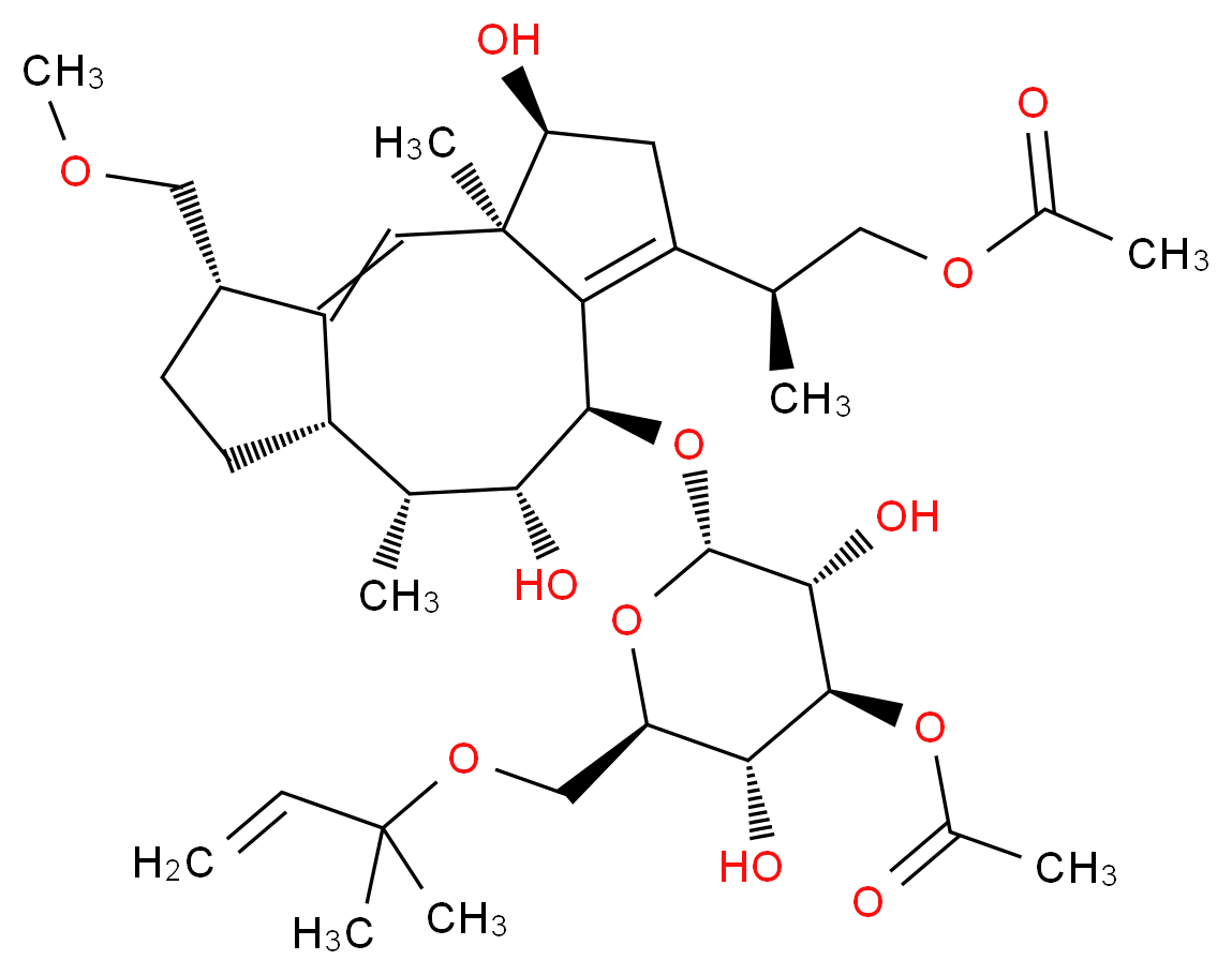 (2S)-2-[(3R,4S,8R,9R,10R,11S,14S)-8-{[(2S,3R,4S,5R,6R)-4-(acetyloxy)-3,5-dihydroxy-6-{[(2-methylbut-3-en-2-yl)oxy]methyl}oxan-2-yl]oxy}-4,9-dihydroxy-14-(methoxymethyl)-3,10-dimethyltricyclo[9.3.0.0<sup>3</sup>,<sup>7</sup>]tetradeca-1,6-dien-6-yl]propyl acetate_分子结构_CAS_20108-30-9