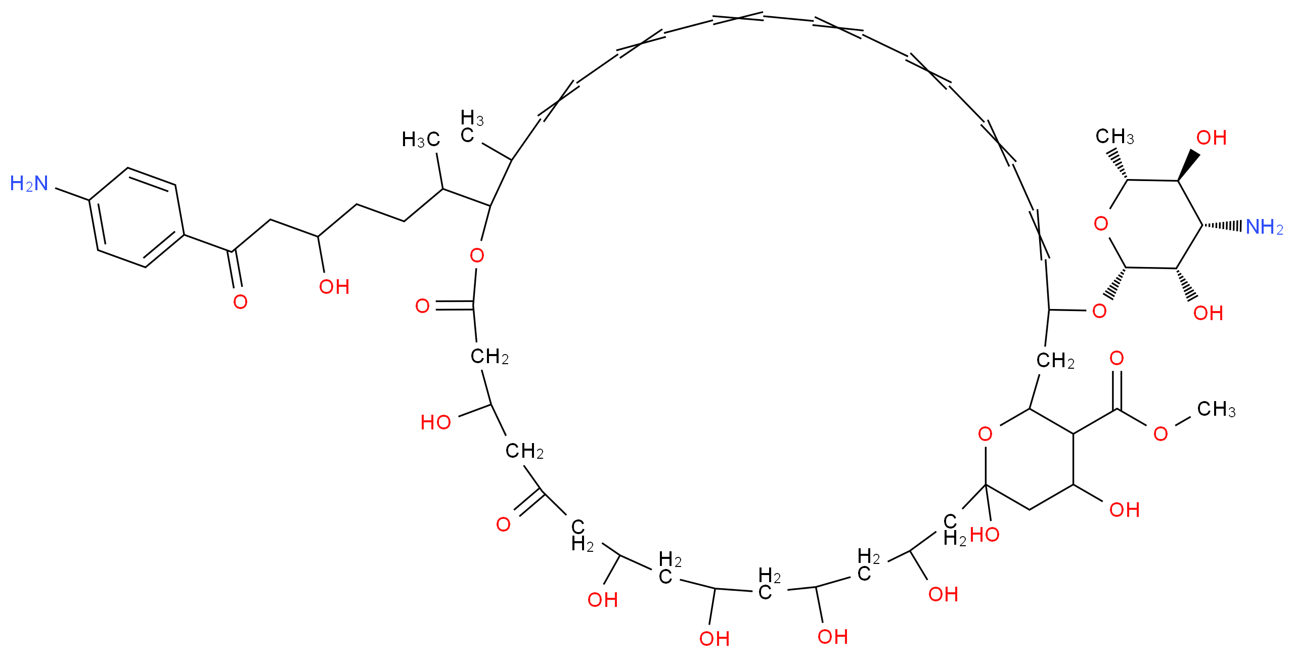 methyl 33-{[(2R,3S,4S,5S,6R)-4-amino-3,5-dihydroxy-6-methyloxan-2-yl]oxy}-17-[7-(4-aminophenyl)-5-hydroxy-7-oxoheptan-2-yl]-1,3,5,7,9,13,37-heptahydroxy-18-methyl-11,15-dioxo-16,39-dioxabicyclo[33.3.1]nonatriaconta-19,21,23,25,27,29,31-heptaene-36-carboxylate_分子结构_CAS_11121-32-7