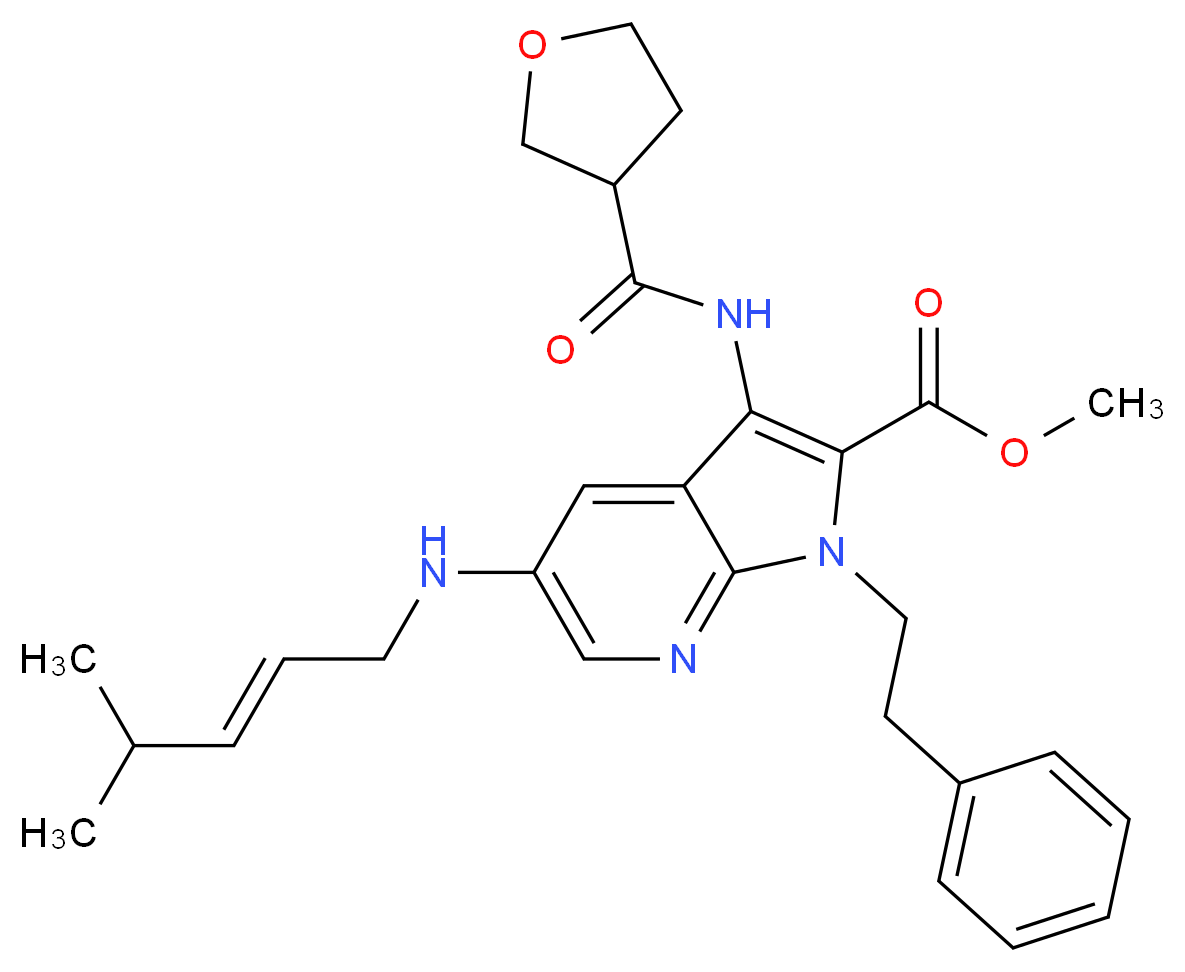 methyl 5-{[(2E)-4-methyl-2-penten-1-yl]amino}-1-(2-phenylethyl)-3-[(tetrahydro-3-furanylcarbonyl)amino]-1H-pyrrolo[2,3-b]pyridine-2-carboxylate_分子结构_CAS_)