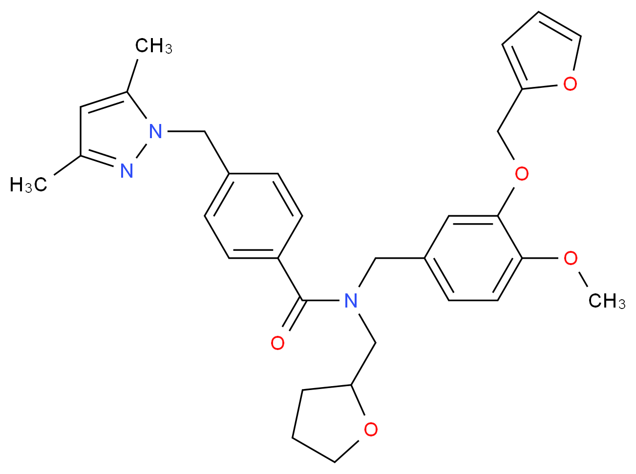 4-[(3,5-dimethyl-1H-pyrazol-1-yl)methyl]-N-[3-(2-furylmethoxy)-4-methoxybenzyl]-N-(tetrahydro-2-furanylmethyl)benzamide_分子结构_CAS_)