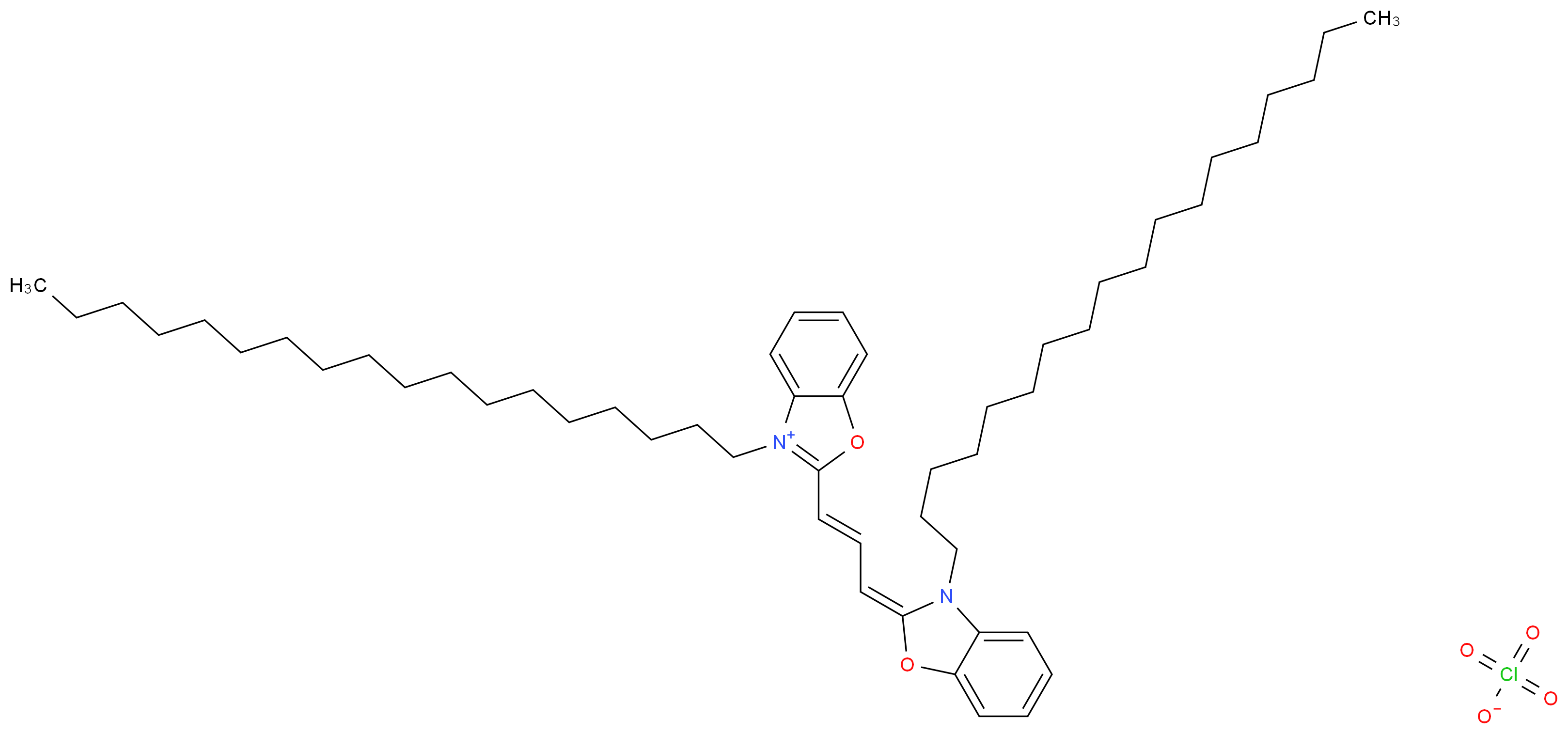 3-octadecyl-2-[(1E)-3-[(2E)-3-octadecyl-2,3-dihydro-1,3-benzoxazol-2-ylidene]prop-1-en-1-yl]-1,3-benzoxazol-3-ium perchlorate_分子结构_CAS_34215-57-1