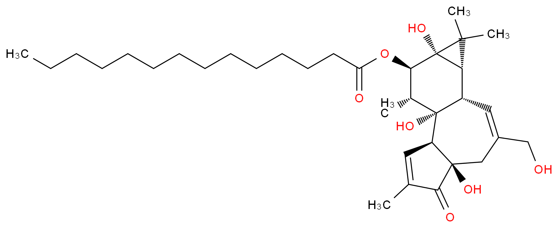 (1S,2S,6R,10S,11R,13S,14R,15R)-1,6,13-trihydroxy-8-(hydroxymethyl)-4,12,12,15-tetramethyl-5-oxotetracyclo[8.5.0.0<sup>2</sup>,<sup>6</sup>.0<sup>1</sup><sup>1</sup>,<sup>1</sup><sup>3</sup>]pentadeca-3,8-dien-14-yl tetradecanoate_分子结构_CAS_20839-06-9