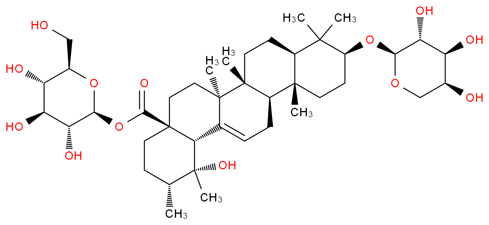 (2S,3R,4S,5S,6R)-3,4,5-trihydroxy-6-(hydroxymethyl)oxan-2-yl (1R,2R,4aS,6aS,6bR,8aR,10S,12aR,12bR,14bS)-1-hydroxy-1,2,6a,6b,9,9,12a-heptamethyl-10-{[(2S,3R,4S,5S)-3,4,5-trihydroxyoxan-2-yl]oxy}-1,2,3,4,4a,5,6,6a,6b,7,8,8a,9,10,11,12,12a,12b,13,14b-icosahydropicene-4a-carboxylate_分子结构_CAS_35286-58-9