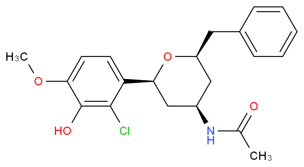 N-[(2S*,4R*,6S*)-2-benzyl-6-(2-chloro-3-hydroxy-4-methoxyphenyl)tetrahydro-2H-pyran-4-yl]acetamide_分子结构_CAS_)