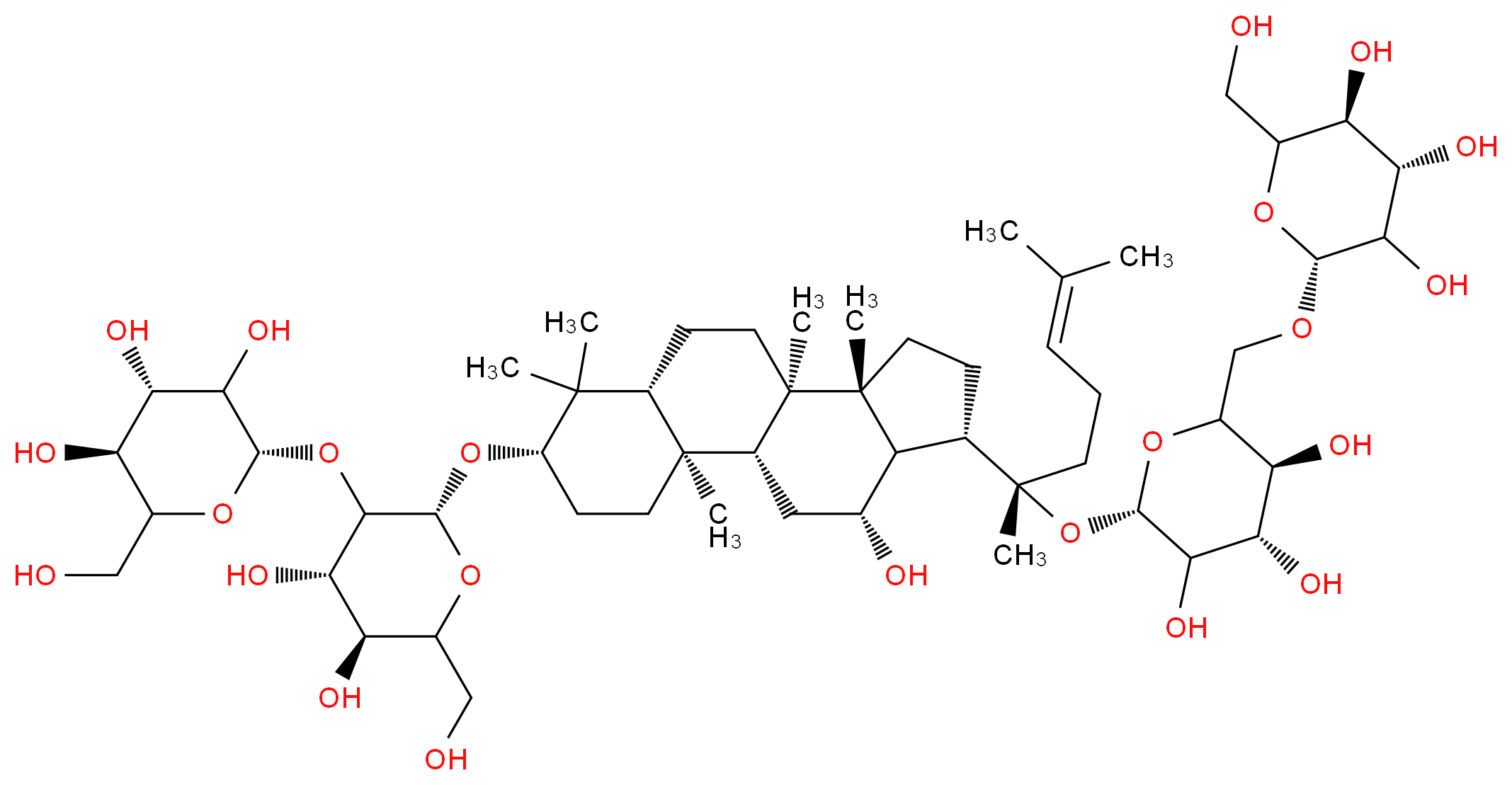 (2S,4S,5S)-2-{[(2S)-2-[(1R,2R,5S,7R,10R,11R,14S,15R,16R)-5-{[(2R,4S,5S)-4,5-dihydroxy-6-(hydroxymethyl)-3-{[(2S,4S,5S)-3,4,5-trihydroxy-6-(hydroxymethyl)oxan-2-yl]oxy}oxan-2-yl]oxy}-16-hydroxy-2,6,6,10,11-pentamethyltetracyclo[8.7.0.0<sup>2</sup>,<sup>7</sup>.0<sup>1</sup><sup>1</sup>,<sup>1</sup><sup>5</sup>]heptadecan-14-yl]-6-methylhept-5-en-2-yl]oxy}-6-({[(2R,4S,5S)-3,4,5-trihydroxy-6-(hydroxymethyl)oxan-2-yl]oxy}methyl)oxane-3,4,5-triol_分子结构_CAS_41753-43-9