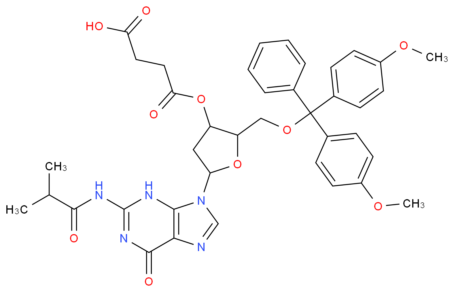 4-[(2-{[bis(4-methoxyphenyl)(phenyl)methoxy]methyl}-5-[2-(2-methylpropanamido)-6-oxo-6,9-dihydro-3H-purin-9-yl]oxolan-3-yl)oxy]-4-oxobutanoic acid_分子结构_CAS_74405-46-2