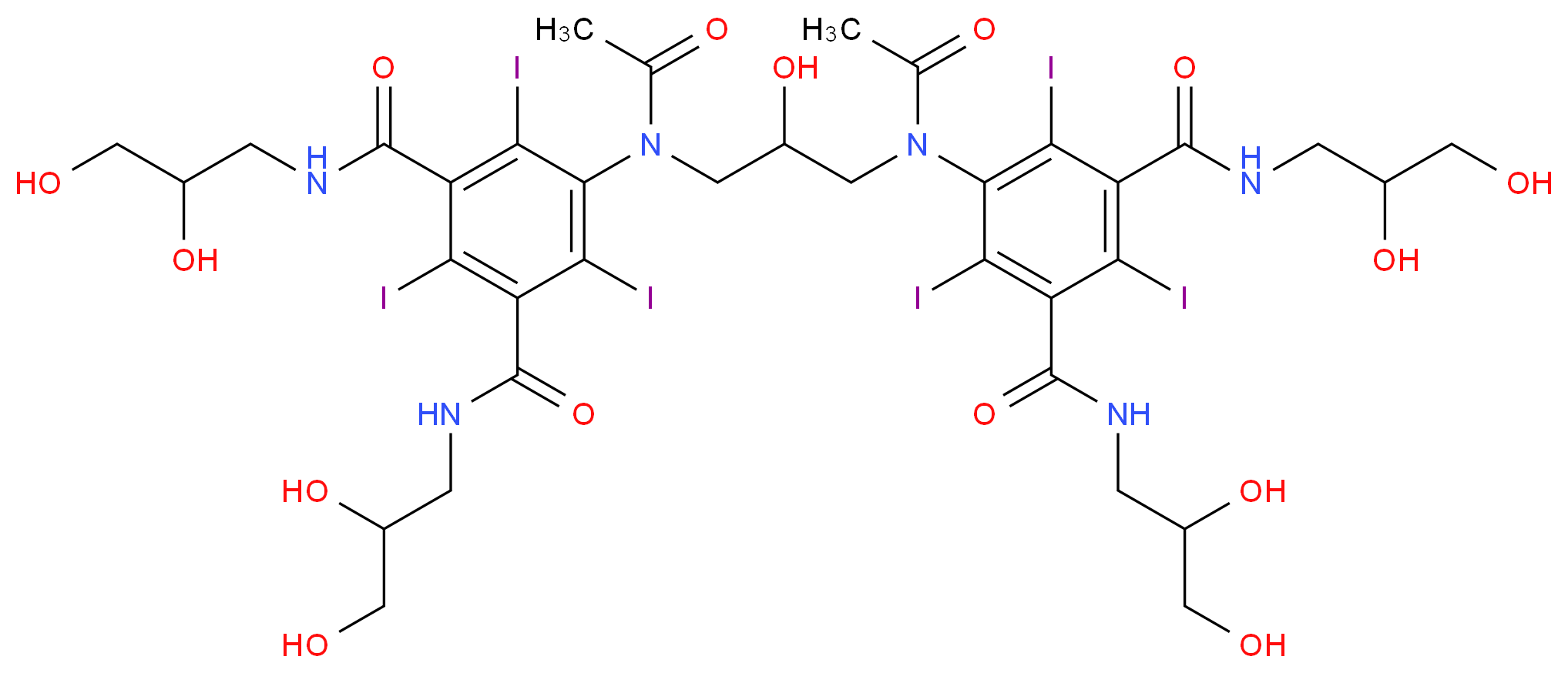 5-{N-[3-(N-{3,5-bis[(2,3-dihydroxypropyl)carbamoyl]-2,4,6-triiodophenyl}acetamido)-2-hydroxypropyl]acetamido}-1-N,3-N-bis(2,3-dihydroxypropyl)-2,4,6-triiodobenzene-1,3-dicarboxamide_分子结构_CAS_92339-11-2