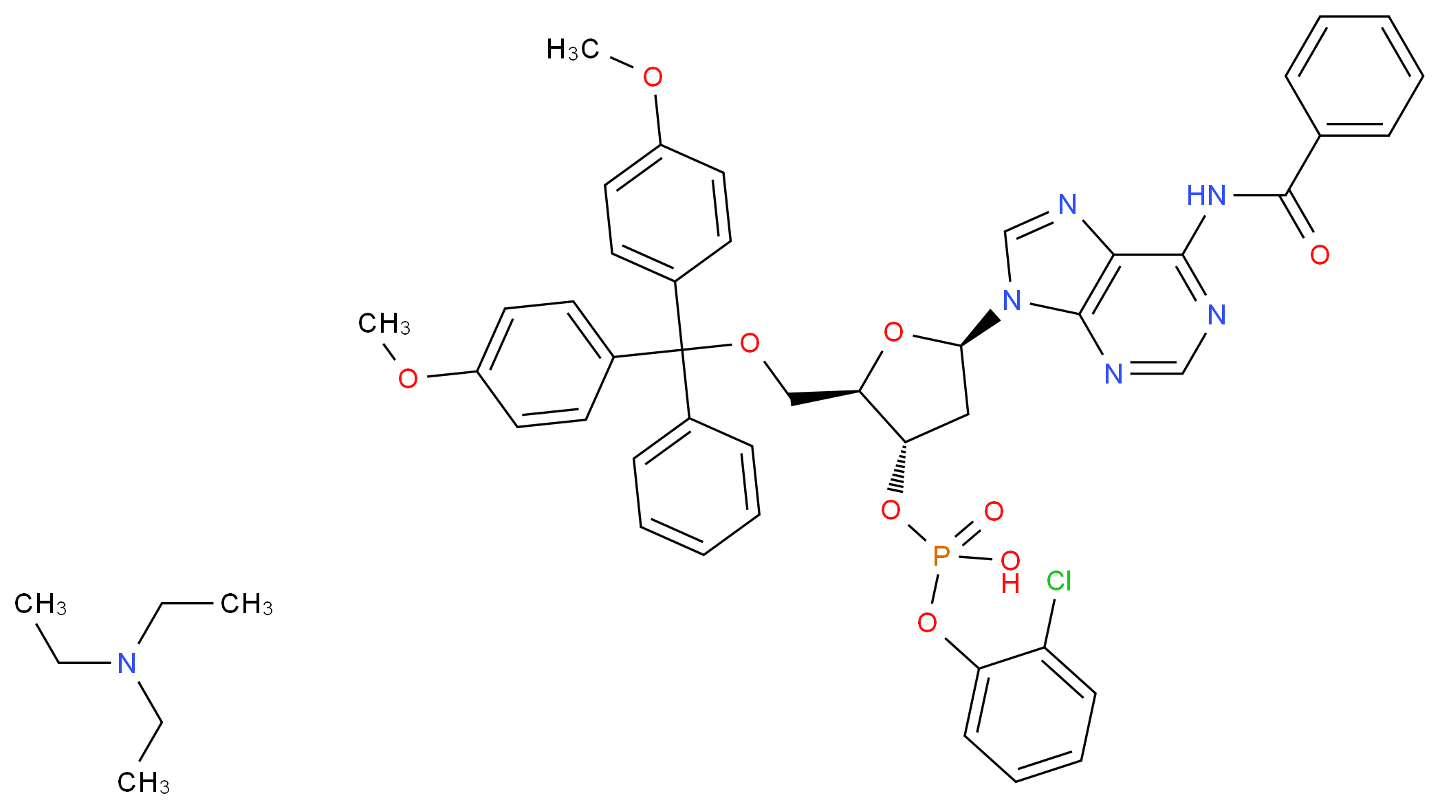 N6-Benzoyl-5′-O-(4,4′-dimethoxytrityl)-2′-deoxyadenosine 3′-(2-chlorophenyl) phosphate triethylammonium salt_分子结构_CAS_85381-22-2)