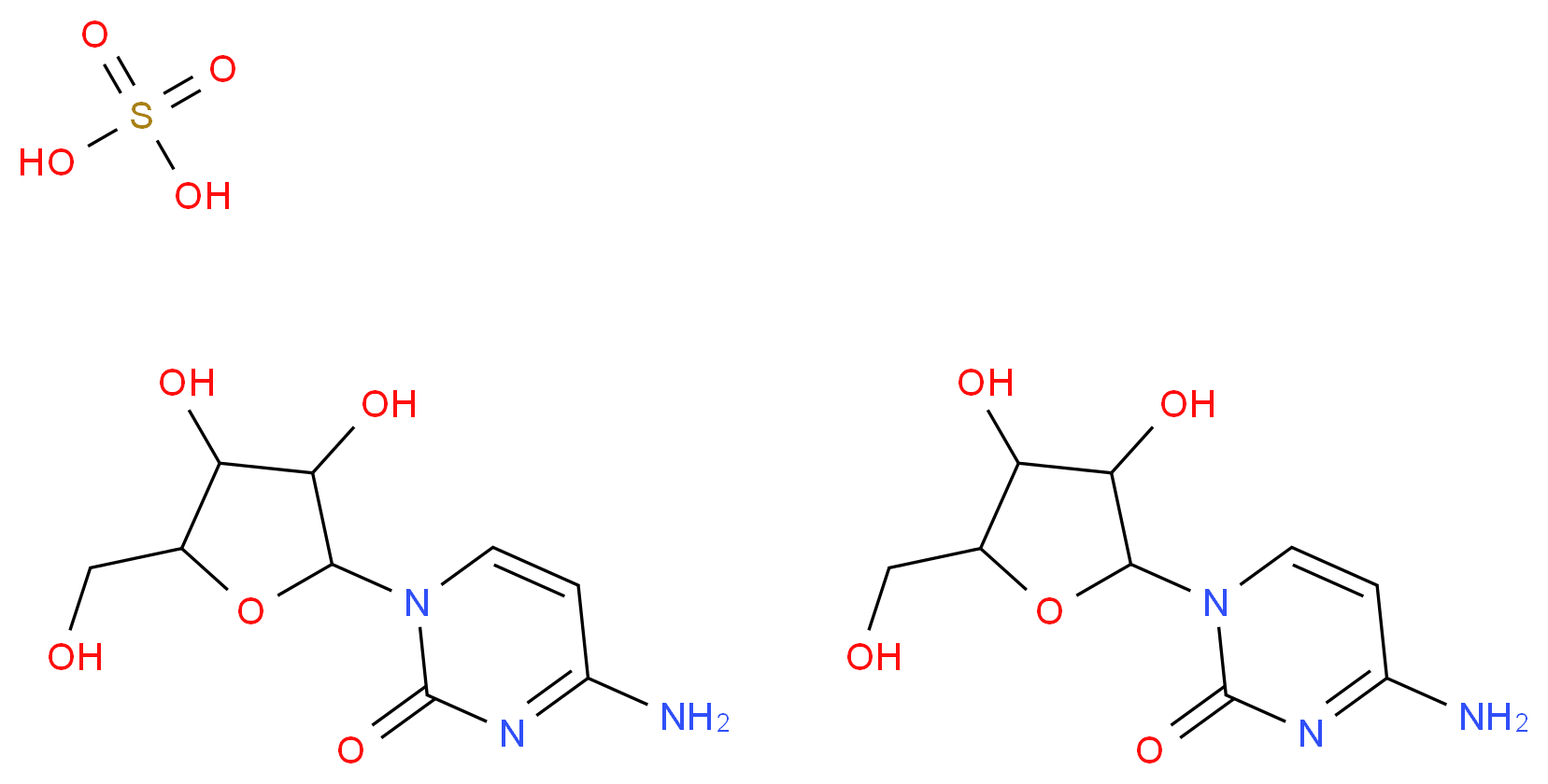 bis(4-amino-1-[3,4-dihydroxy-5-(hydroxymethyl)oxolan-2-yl]-1,2-dihydropyrimidin-2-one); sulfuric acid_分子结构_CAS_32747-18-5