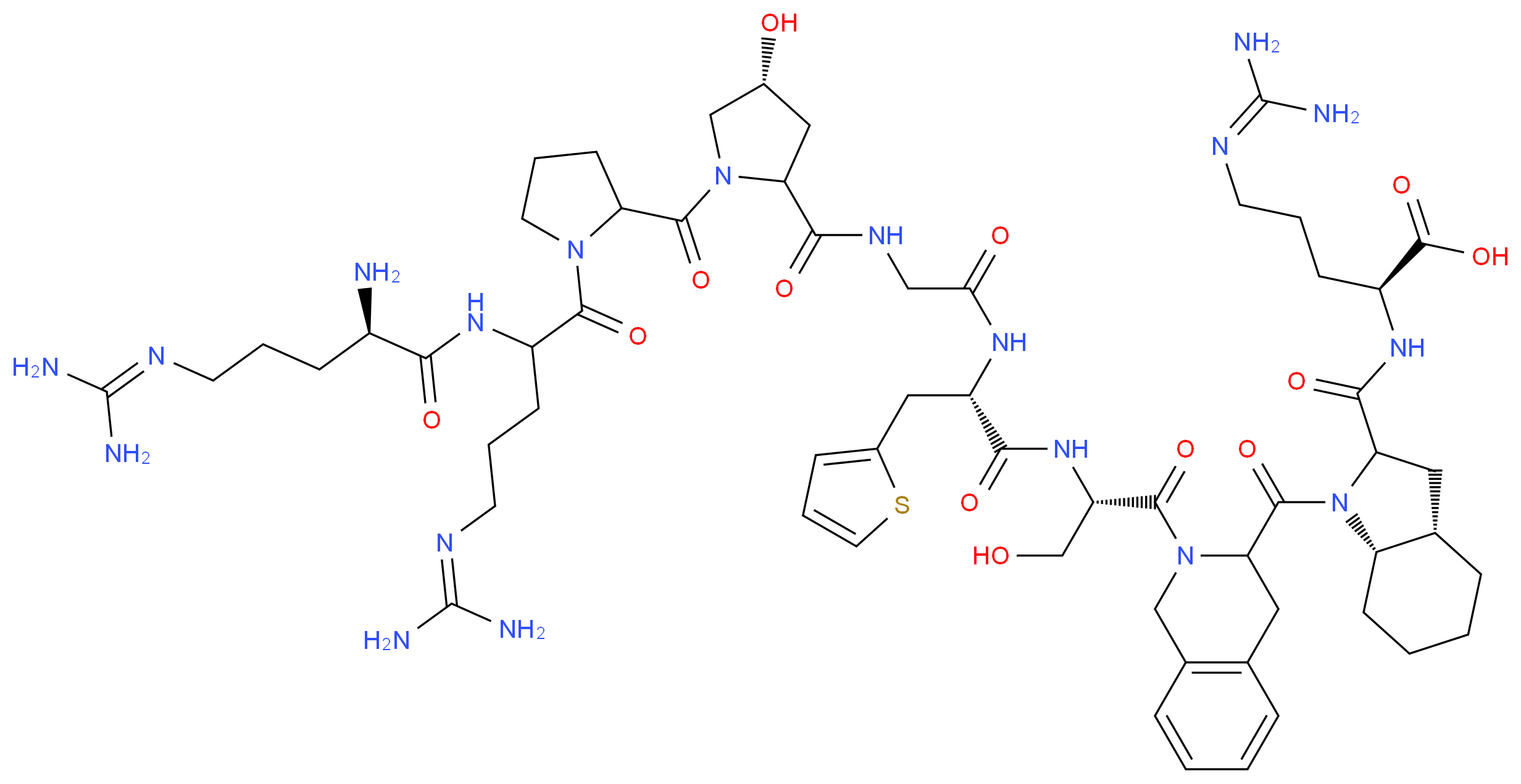 (2S)-2-{[(3aS,7aS)-1-{2-[(2S)-2-[(2S)-2-(2-{[(4R)-1-(1-{2-[(2R)-2-amino-5-[(diaminomethylidene)amino]pentanamido]-5-[(diaminomethylidene)amino]pentanoyl}pyrrolidine-2-carbonyl)-4-hydroxypyrrolidin-2-yl]formamido}acetamido)-3-(thiophen-2-yl)propanamido]-3-hydroxypropanoyl]-1,2,3,4-tetrahydroisoquinoline-3-carbonyl}-octahydro-1H-indol-2-yl]formamido}-5-[(diaminomethylidene)amino]pentanoic acid_分子结构_CAS_130308-48-4