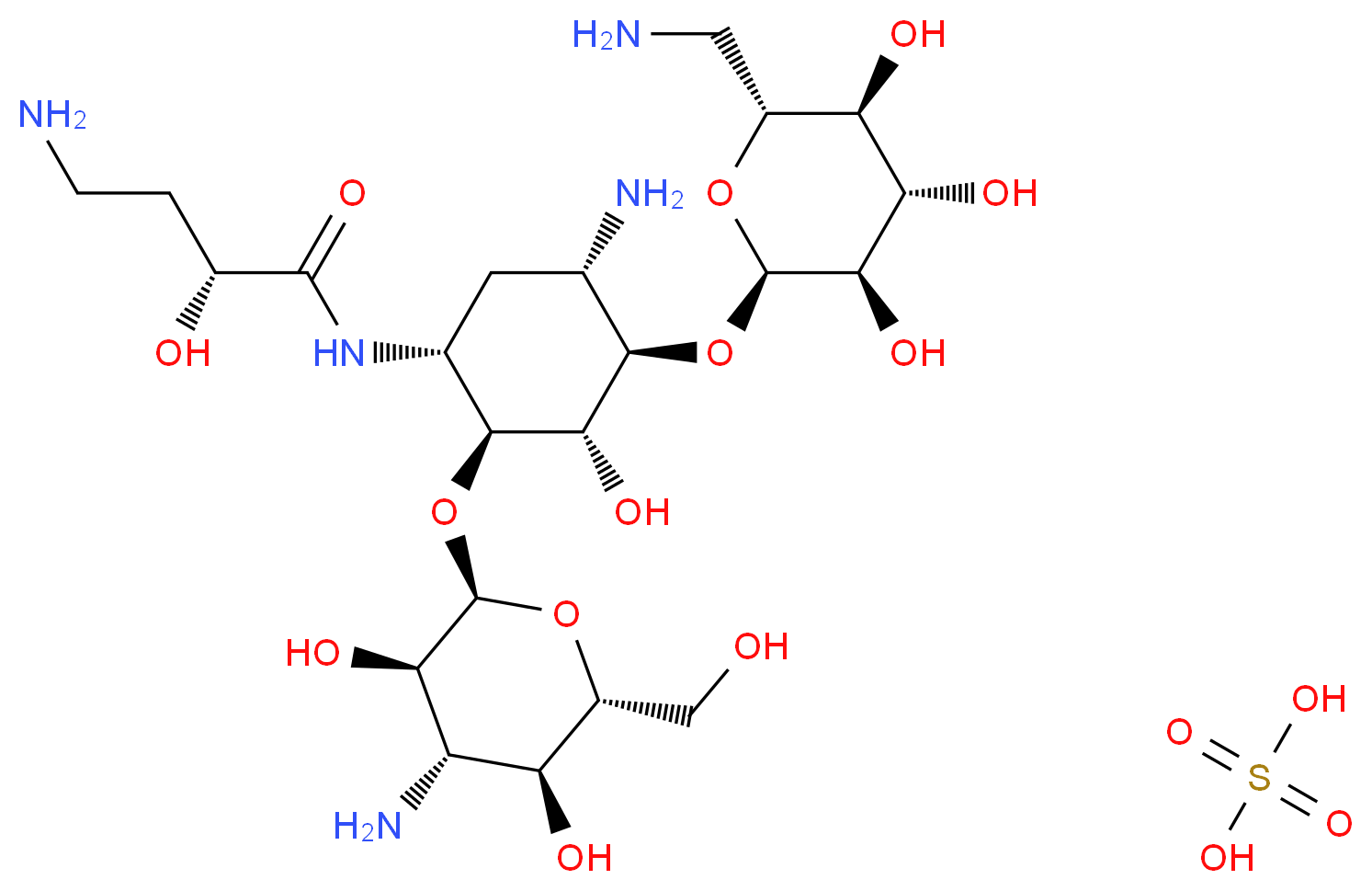 (2R)-4-amino-N-[(1R,2S,3S,4R,5S)-5-amino-2-{[(2S,3R,4S,5S,6R)-4-amino-3,5-dihydroxy-6-(hydroxymethyl)oxan-2-yl]oxy}-4-{[(2R,3R,4S,5S,6R)-6-(aminomethyl)-3,4,5-trihydroxyoxan-2-yl]oxy}-3-hydroxycyclohexyl]-2-hydroxybutanamide; sulfuric acid_分子结构_CAS_149022-22-0