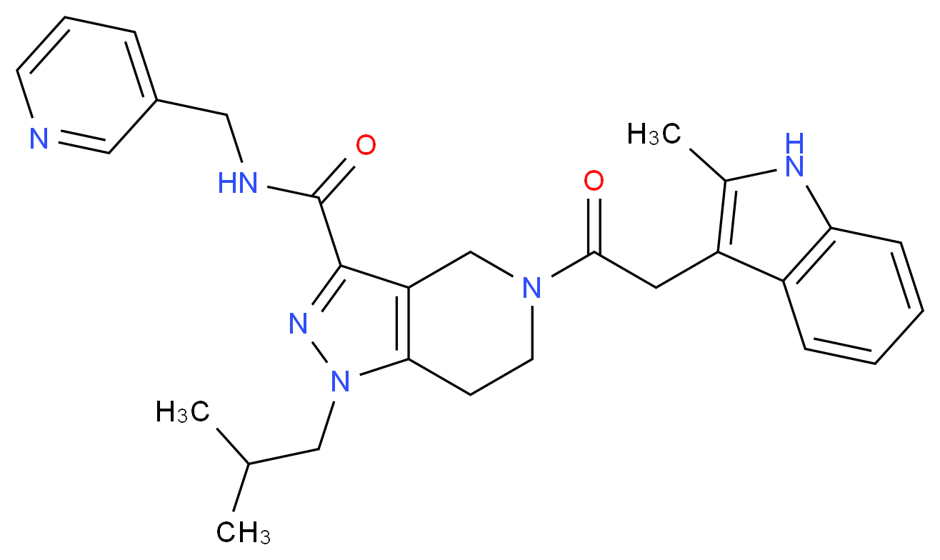 1-isobutyl-5-[(2-methyl-1H-indol-3-yl)acetyl]-N-(3-pyridinylmethyl)-4,5,6,7-tetrahydro-1H-pyrazolo[4,3-c]pyridine-3-carboxamide_分子结构_CAS_)