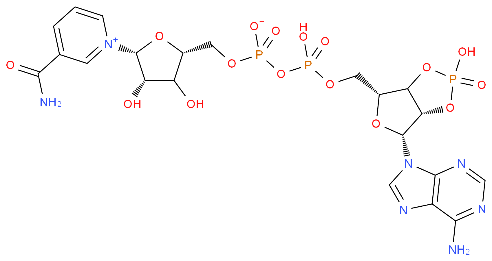 1-[(2R,3S,5R)-5-{[({[(4R,6R,6aS)-6-(6-amino-9H-purin-9-yl)-2-hydroxy-2-oxo-tetrahydro-2H-1,3,5,2λ<sup>5</sup>-furo[3,4-d][1,3,2λ<sup>5</sup>]dioxaphosphol-4-yl]methoxy}(hydroxy)phosphoryl phosphonato)oxy]methyl}-3,4-dihydroxyoxolan-2-yl]-3-carbamoyl-1λ<sup>5</sup>-pyridin-1-ylium_分子结构_CAS_62640-02-2