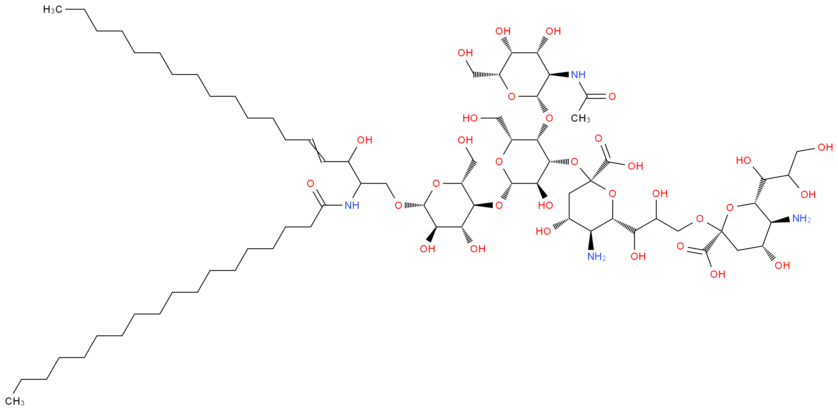 (2S,4R,5S,6S)-5-amino-6-(3-{[(2R,4R,5S,6S)-5-amino-2-carboxy-4-hydroxy-6-(1,2,3-trihydroxypropyl)oxan-2-yl]oxy}-1,2-dihydroxypropyl)-2-{[(2S,3R,4R,5S,6R)-2-{[(2R,3S,4R,5R,6R)-4,5-dihydroxy-6-[(3-hydroxy-2-octadecanamidooctadec-4-en-1-yl)oxy]-2-(hydroxymethyl)oxan-3-yl]oxy}-5-{[(2S,3R,4R,5R,6R)-3-acetamido-4,5-dihydroxy-6-(hydroxymethyl)oxan-2-yl]oxy}-3-hydroxy-6-(hydroxymethyl)oxan-4-yl]oxy}-4-hydroxyoxane-2-carboxylic acid_分子结构_CAS_65988-71-8