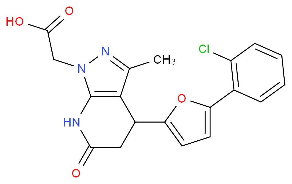 {4-[5-(2-chlorophenyl)-2-furyl]-3-methyl-6-oxo-4,5,6,7-tetrahydro-1H-pyrazolo[3,4-b]pyridin-1-yl}acetic acid_分子结构_CAS_)