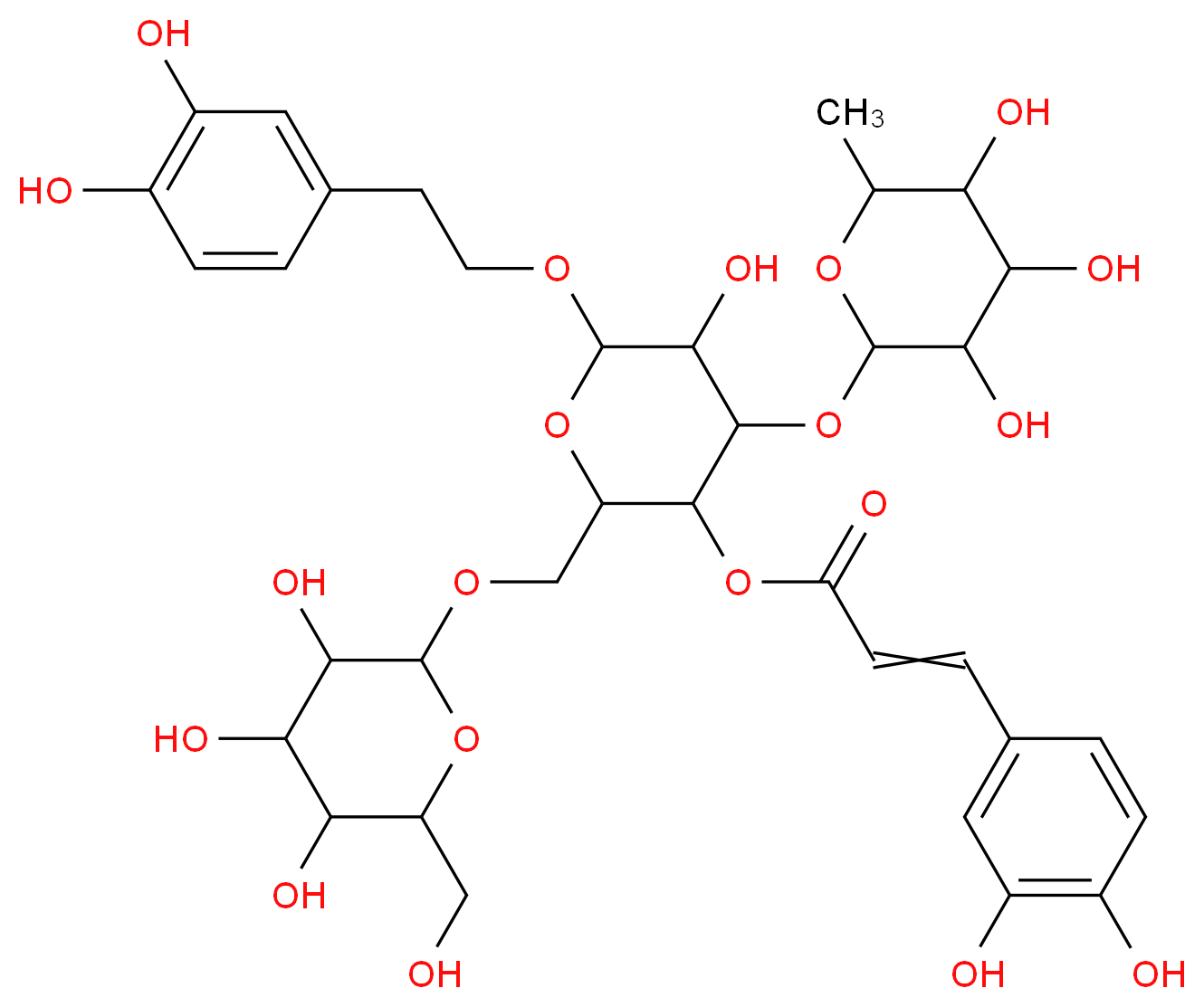 6-[2-(3,4-dihydroxyphenyl)ethoxy]-5-hydroxy-2-({[3,4,5-trihydroxy-6-(hydroxymethyl)oxan-2-yl]oxy}methyl)-4-[(3,4,5-trihydroxy-6-methyloxan-2-yl)oxy]oxan-3-yl 3-(3,4-dihydroxyphenyl)prop-2-enoate_分子结构_CAS_82854-37-3
